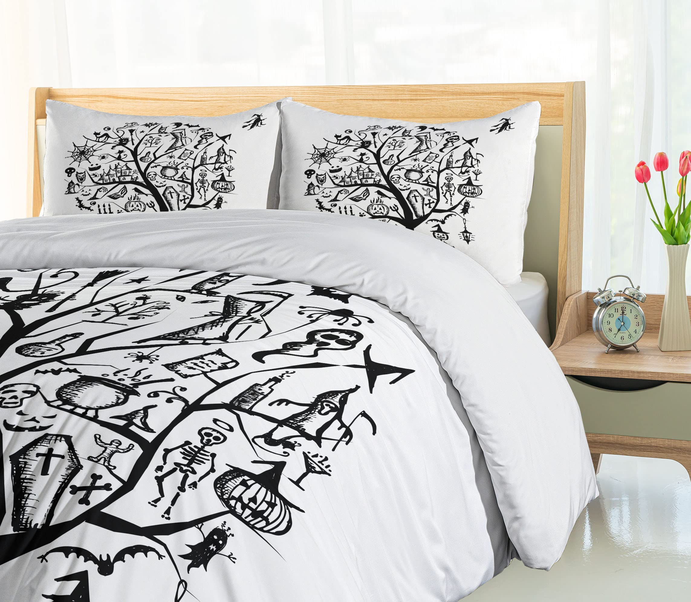 Ambesonne Halloween Duvet Cover Set - Spooky Tree & Witch Broom Design, 3-Piece California King Bedding Set with 2 Pillow Shams, Black & White Abstract Pattern | Perfect for Halloween Decor, Themed Bedrooms & Cozy Autumn Nights