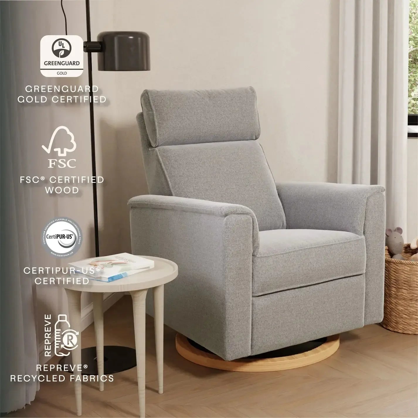 Monogram by Namesake Willa Power Recliner with Adjustable Headrest - Performance Grey Eco Weave & Wood Base (Exclusive) - Perfect for Living Room, Home Theater & Office Relaxation