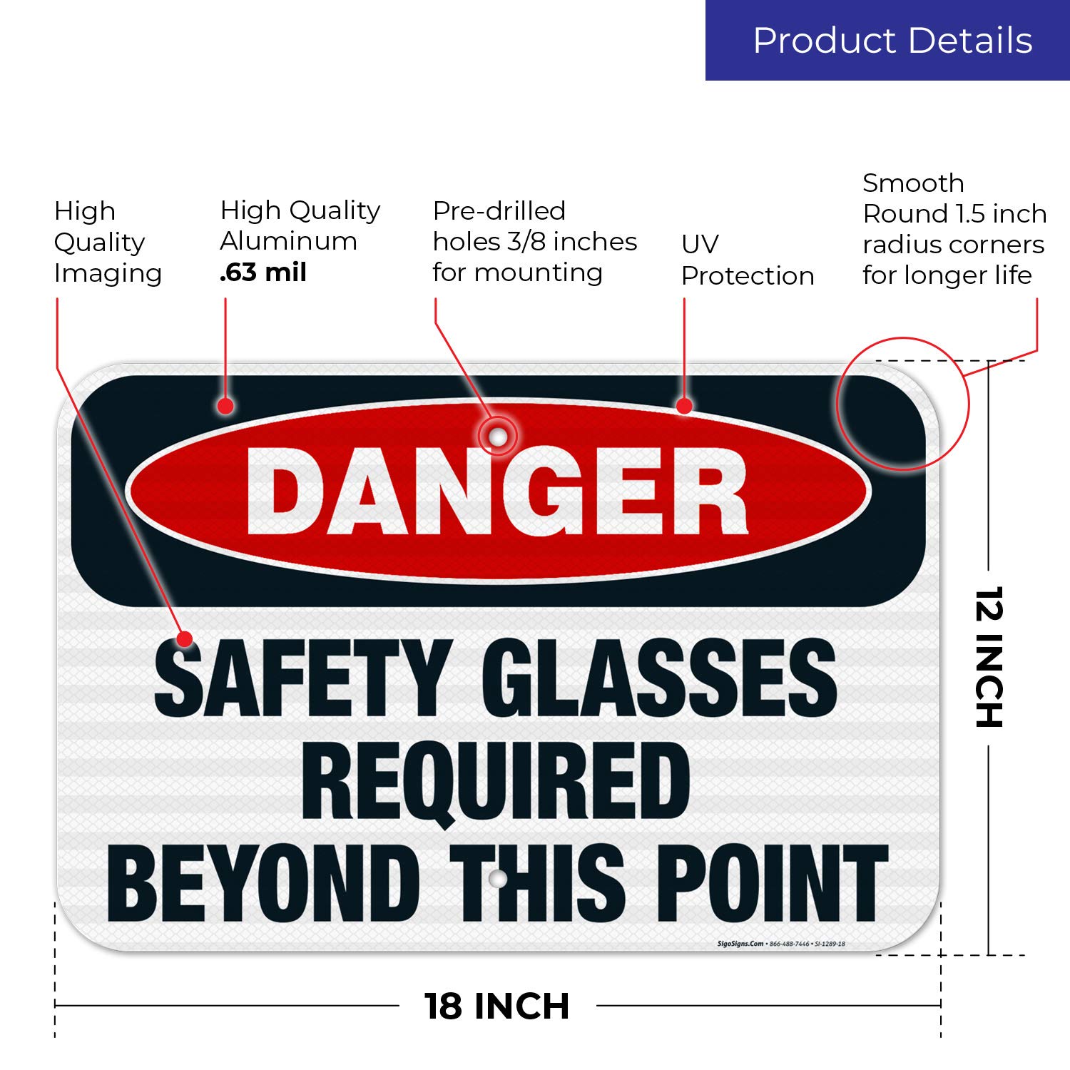 Danger Safety Glasses Required Beyond This Point Sign - OSHA Compliant 12x18 Inch Aluminum Safety Sign with 3M EGP Reflective Coating, Fade Resistant for Indoor & Outdoor Use - Made in USA | Perfect for Construction Sites, Factories, and Hazardous Work Areas