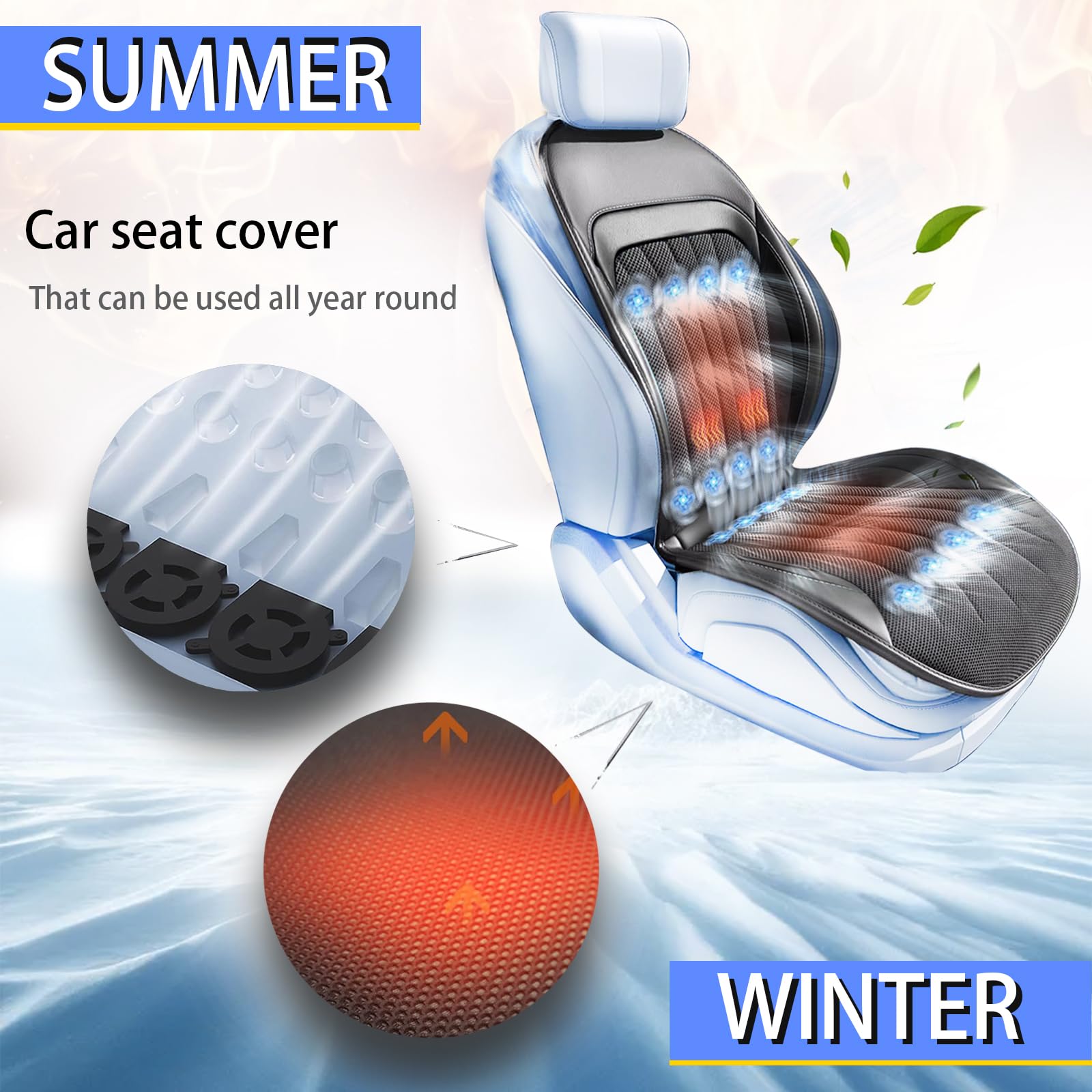Premium Patchwork Leather 3-in-1 Car Seat Covers - Heating & Cooling System with 16 Built-in Fans | Universal Fit for Cars & SUVs | Winter Warm & Summer Cool Seat Protectors | Massage Function for Long Drives | Perfect for Commuting, Road Trips & Daily Use