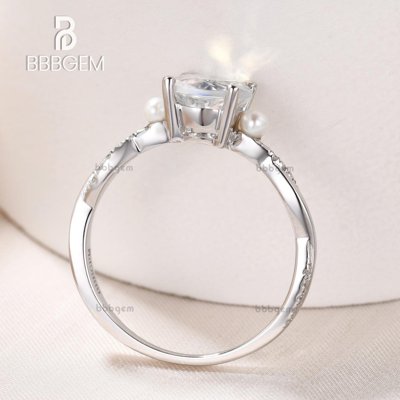 Infinity Round Cut Moonstone Engagement Ring with Akoya Pearl - 14K White Gold Three Stone Wedding Band for Bridal, Anniversary & Special Occasions