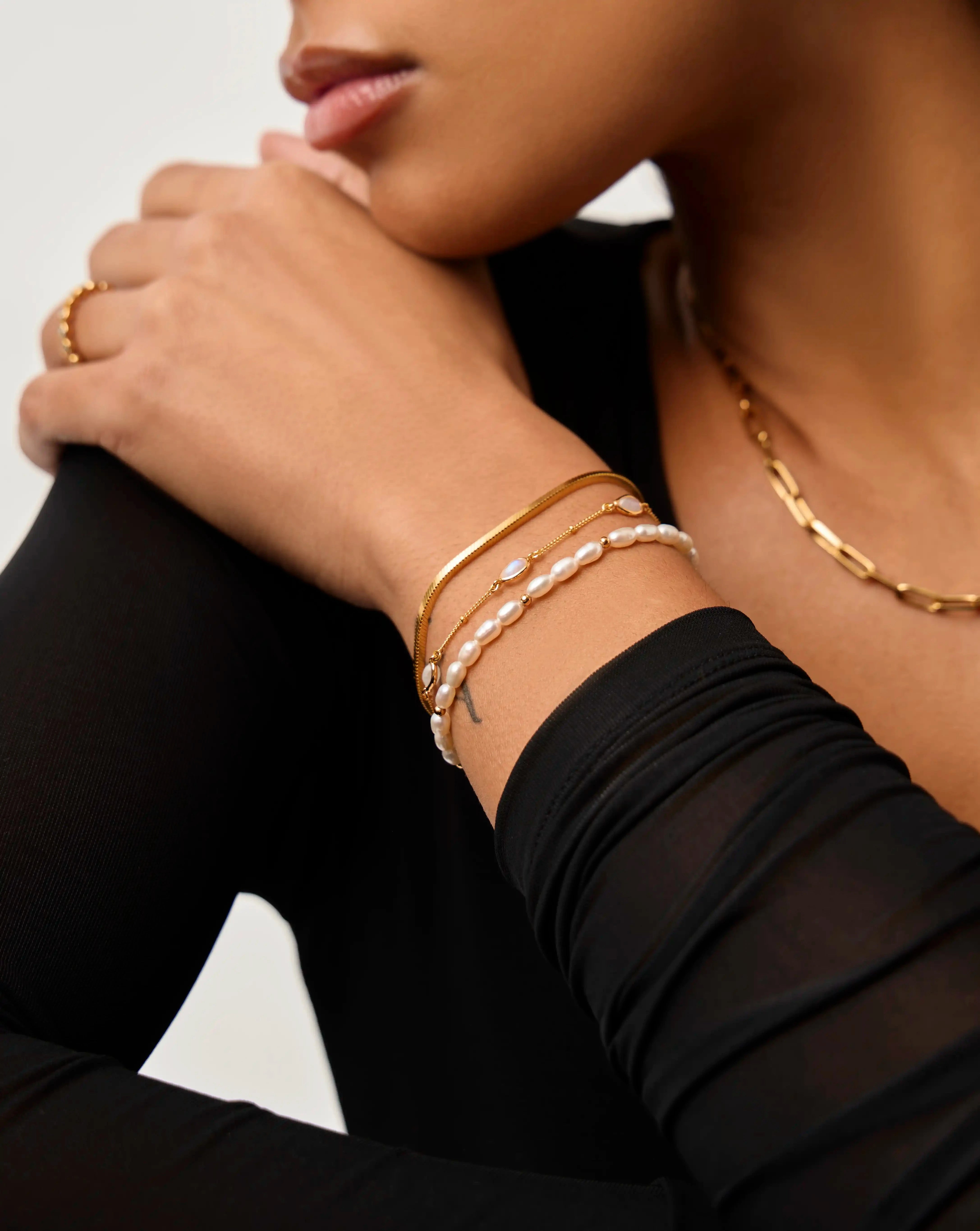 18k Gold Plated Pearl & Snake Chain Triple Bracelet Set for Women - Elegant Stackable Jewelry for Parties, Weddings & Everyday Wear