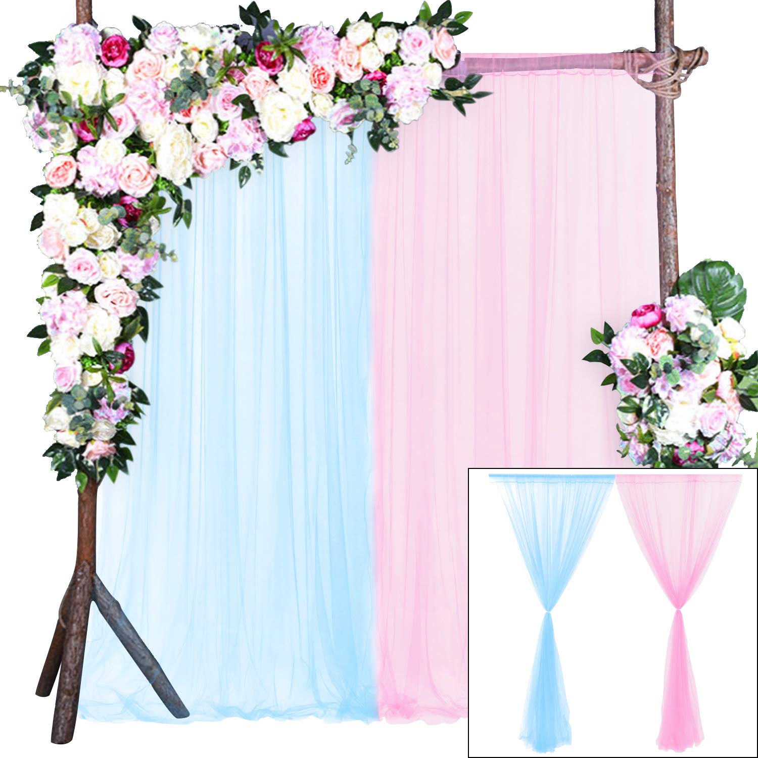 Pink & Blue Tulle Backdrop Curtains for Gender Reveal Party - 2 Panels 5x10ft Sheer Baby Shower Decorations, Birthday Photoshoot Background - Perfect for Girl & Boy Celebrations, Nursery Decor, and Social Media Backdrops