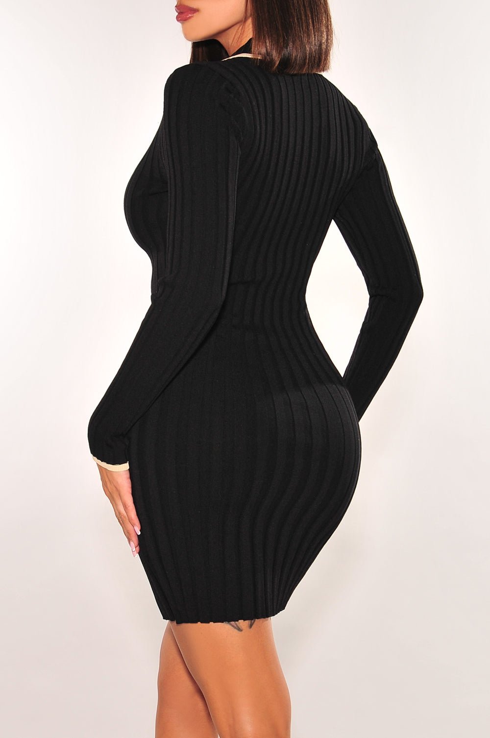 Black Ribbed Long Sleeve Collared Button Up Mini Dress for Women - Elegant Office Wear & Night Out Party Dress