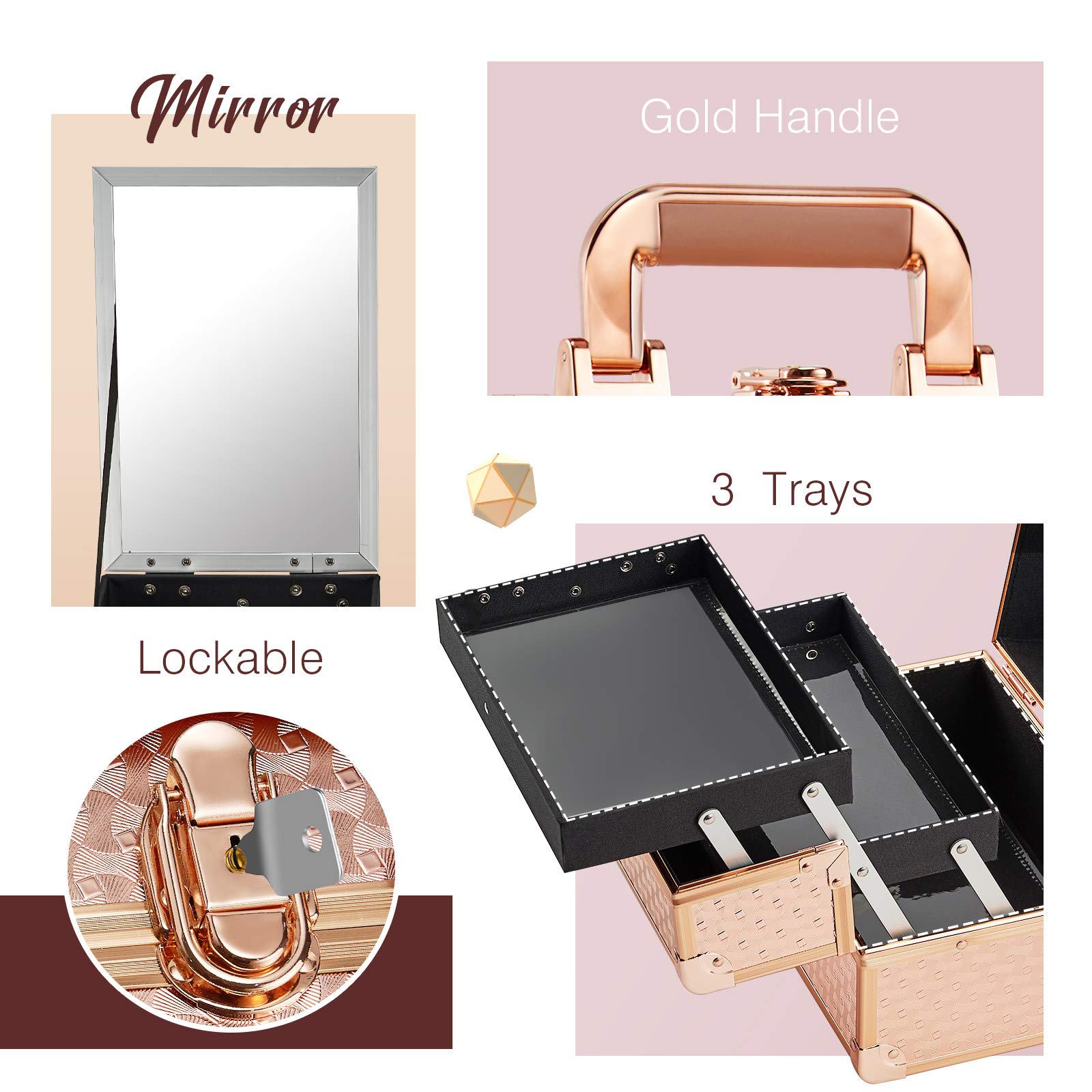 Joligrace Beauty Makeup Train Case - Portable Cosmetic & Jewelry Organizer with Lock, Keys & Mirror | 2-Tier Storage Box with Handle | Rose Gold | Perfect for Travel, Salon & Home Organization