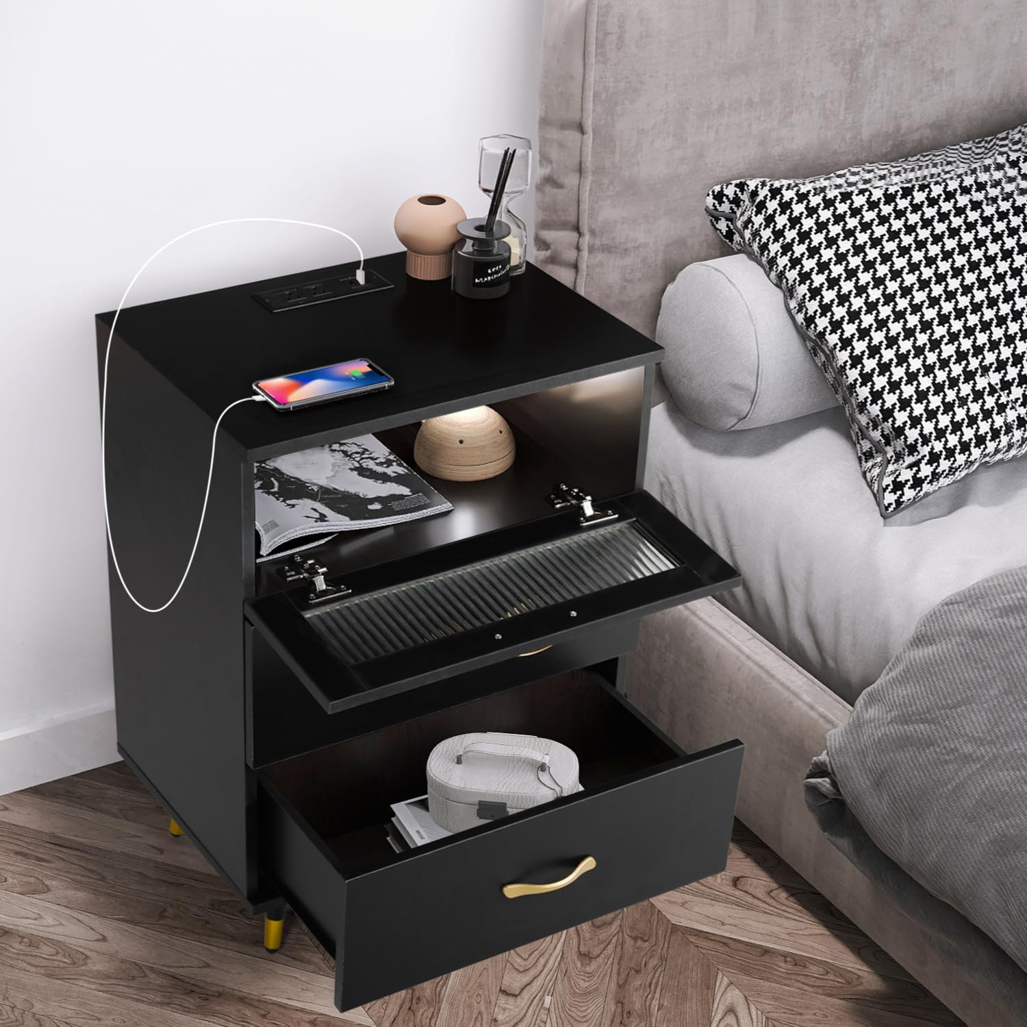Modern Black 3-Drawer Nightstand with USB Charging Port - Bedside Cabinet Dresser for Bedroom, Living Room & Home Decor - Perfect for Storing Essentials, Charging Devices & Enhancing Bedroom Organization