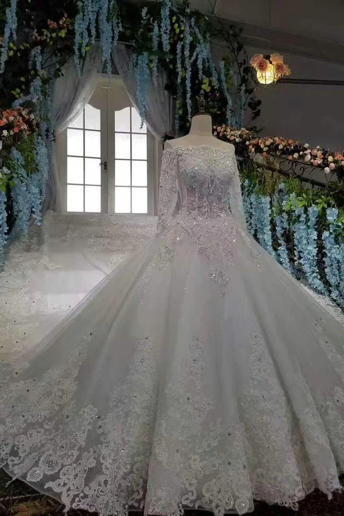 Elegant Off-The-Shoulder Rhinestone Lace Wedding Dress with Long Sleeves & Royal Train - Perfect for Bridal Gowns, Formal Events & Princess-Themed Weddings