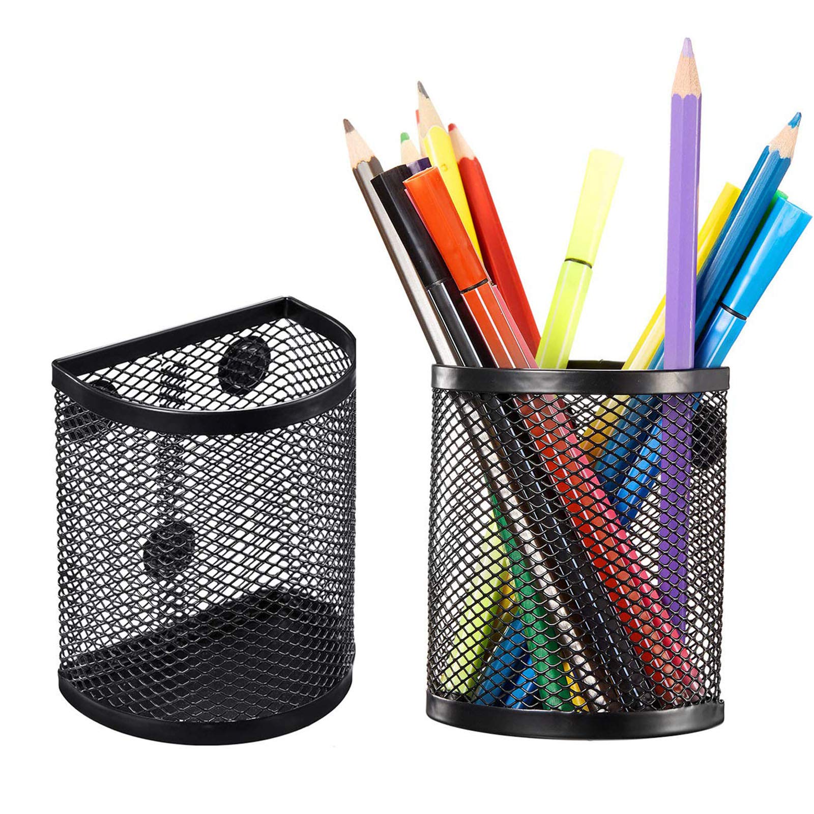 Magnetic Pencil Holder & Mesh Storage Basket - Metal Organizer with Strong Magnets for Whiteboard, Fridge, Locker - Perfect for Office, Kitchen & School Organization (Black, 2-Pack)