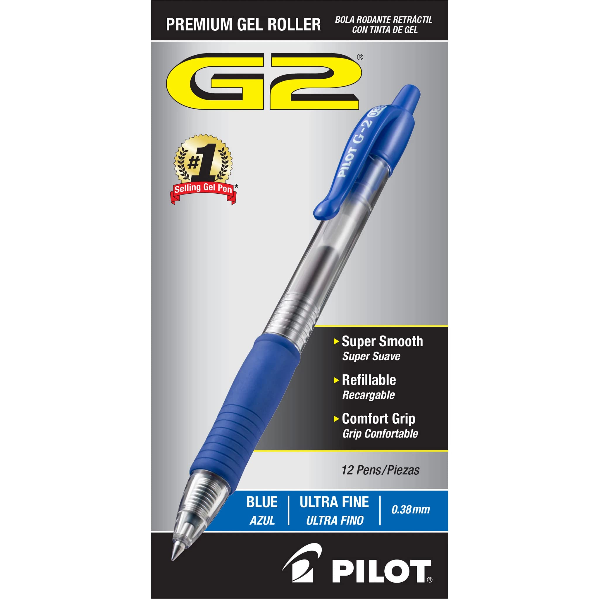 Pilot G2 Premium Retractable Gel Pens - Ultra Fine Point 0.38mm Blue Ink - 12 Pack Refillable Rollerball Pens for Office, School, Note Taking & Journaling (Model 31278)