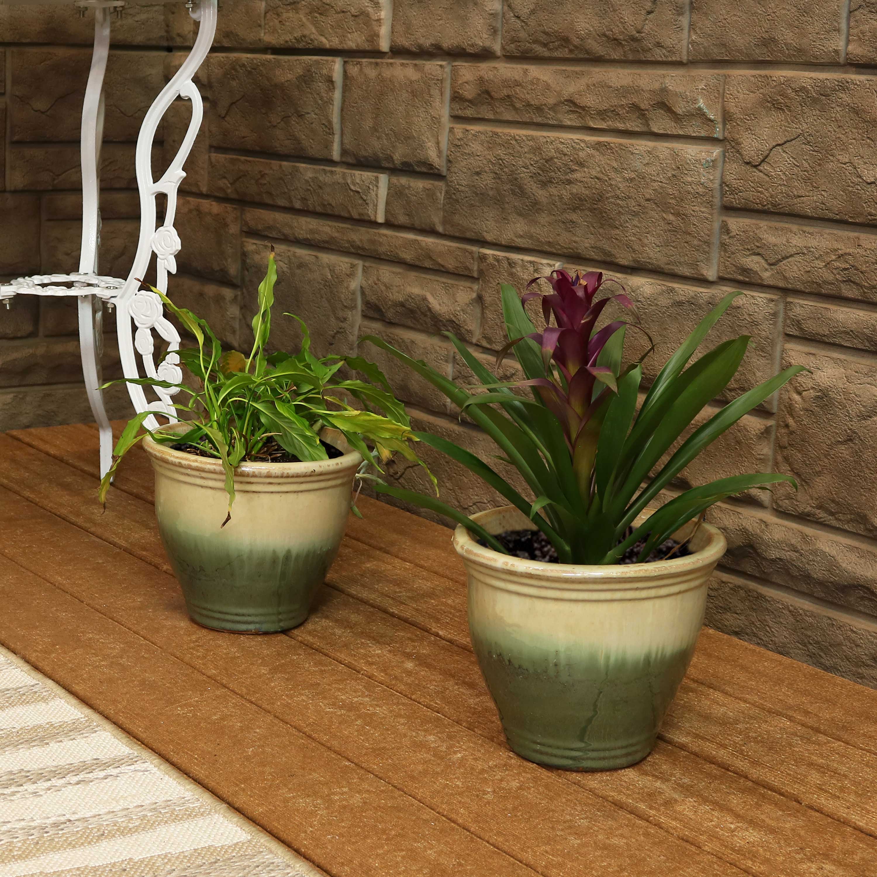 Premium Glazed Ceramic Plant Pots with Drainage Holes - Set of 2 Indoor/Outdoor Flower Planters for Home Decor, Garden & Patio