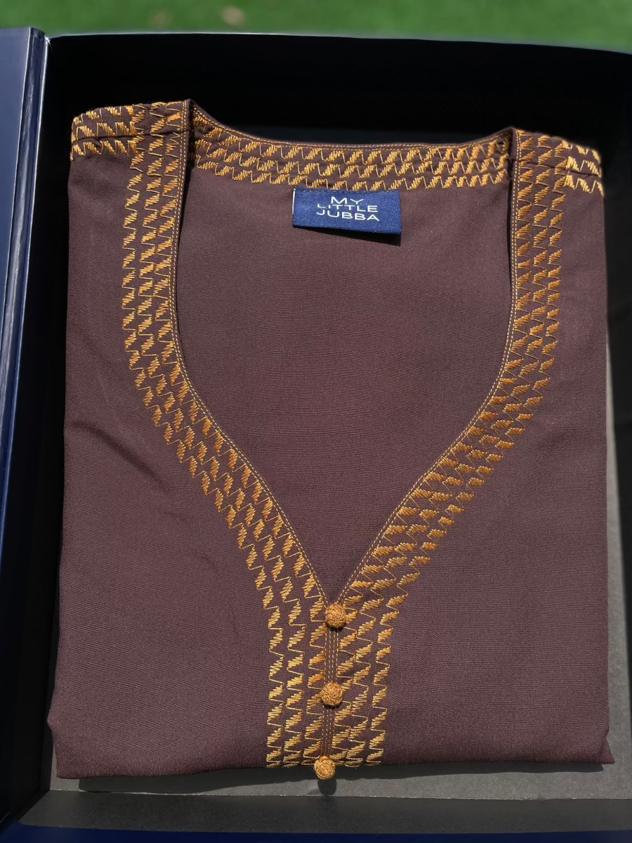 Men's Cinnamon Orange Embroidery Moroccan Thobe 3/4 Sleeve - Perfect for Eid, Ramadan & Special Occasions