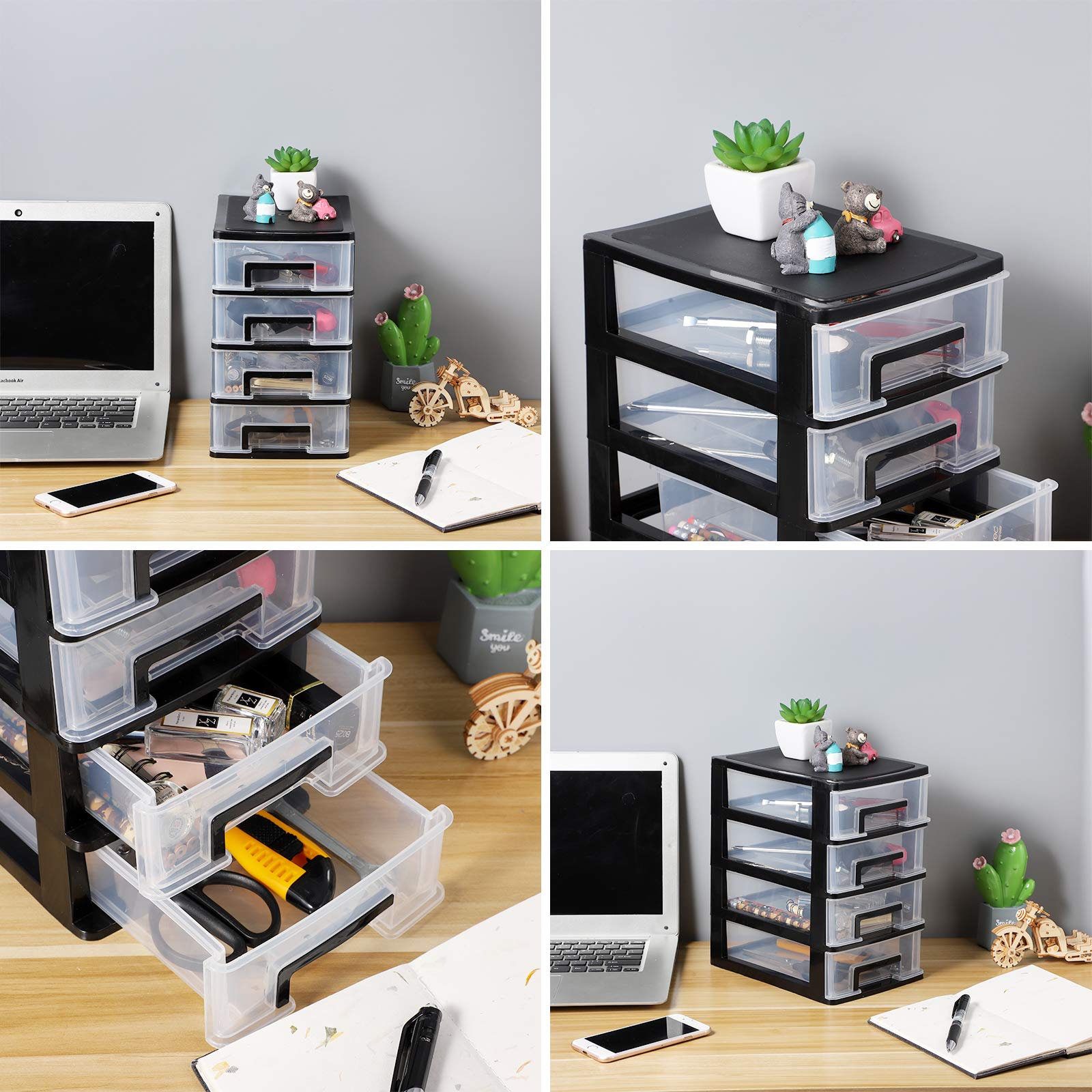 BESPORTBLE 4-Drawer Plastic Storage Organizer - Portable Multifunctional Closet & Home Storage Rack (Black/Transparent) - Perfect for Bedroom, Office, Bathroom & Kids Room Organization