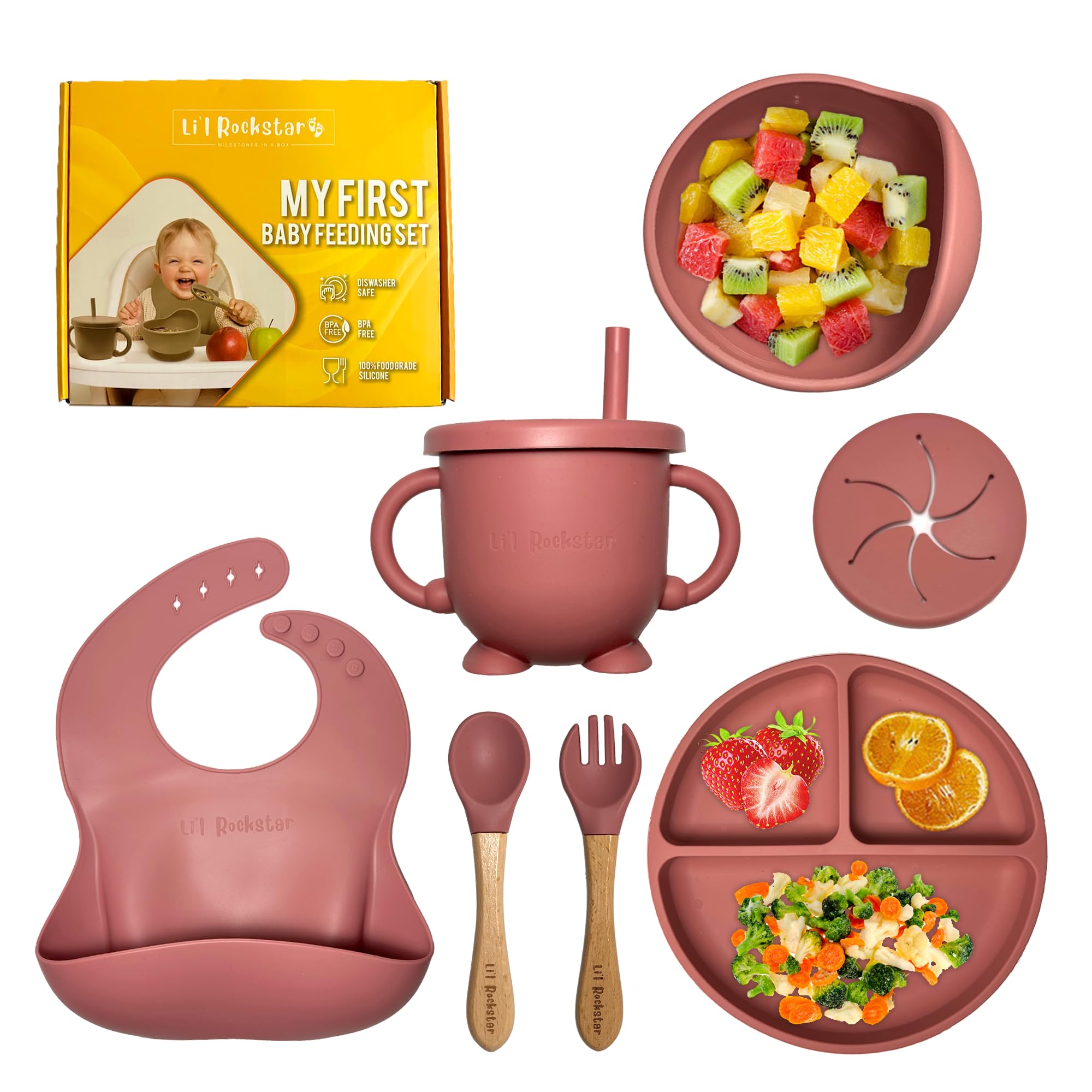 Li'l Rockstar Baby Led Weaning Supplies - Silicone Baby Feeding Set with Bibs, Suction Bowl, Divided Plate, Cup & Self-Feeding Spoons - Toddler Dish Set (Matte Pink) - Perfect for Mess-Free Mealtime & Early Self-Feeding Development