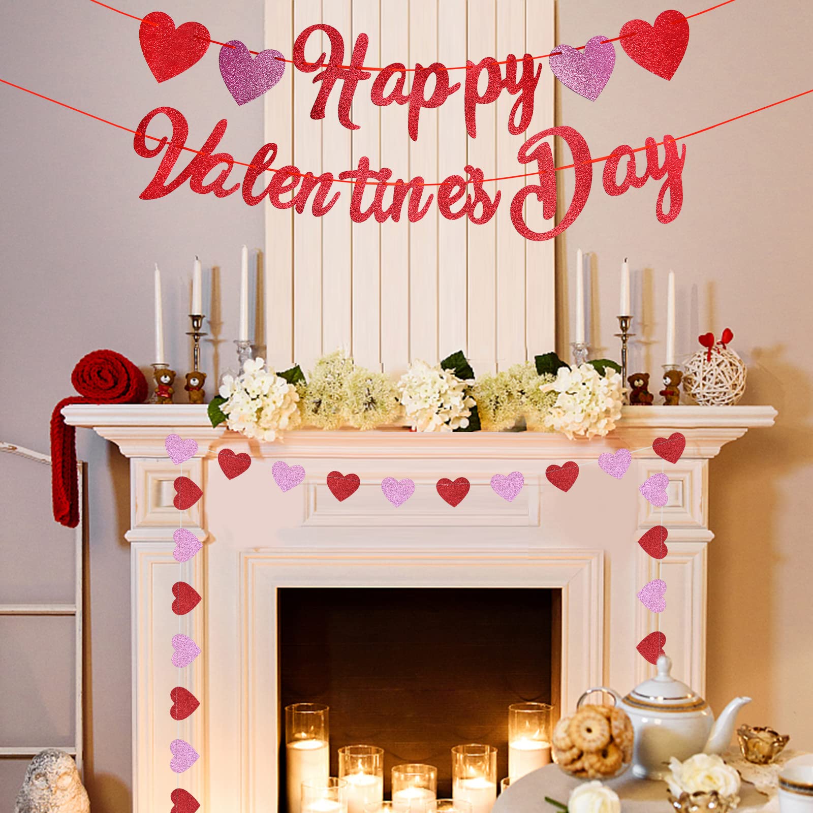 Valentine's Day Banner - Red & Pink Glitter Heart Garland for Home Decor | Indoor & Outdoor Hanging Sign | No DIY Required | Perfect for Valentine's Party, Wedding, Anniversary & Romantic Decorations