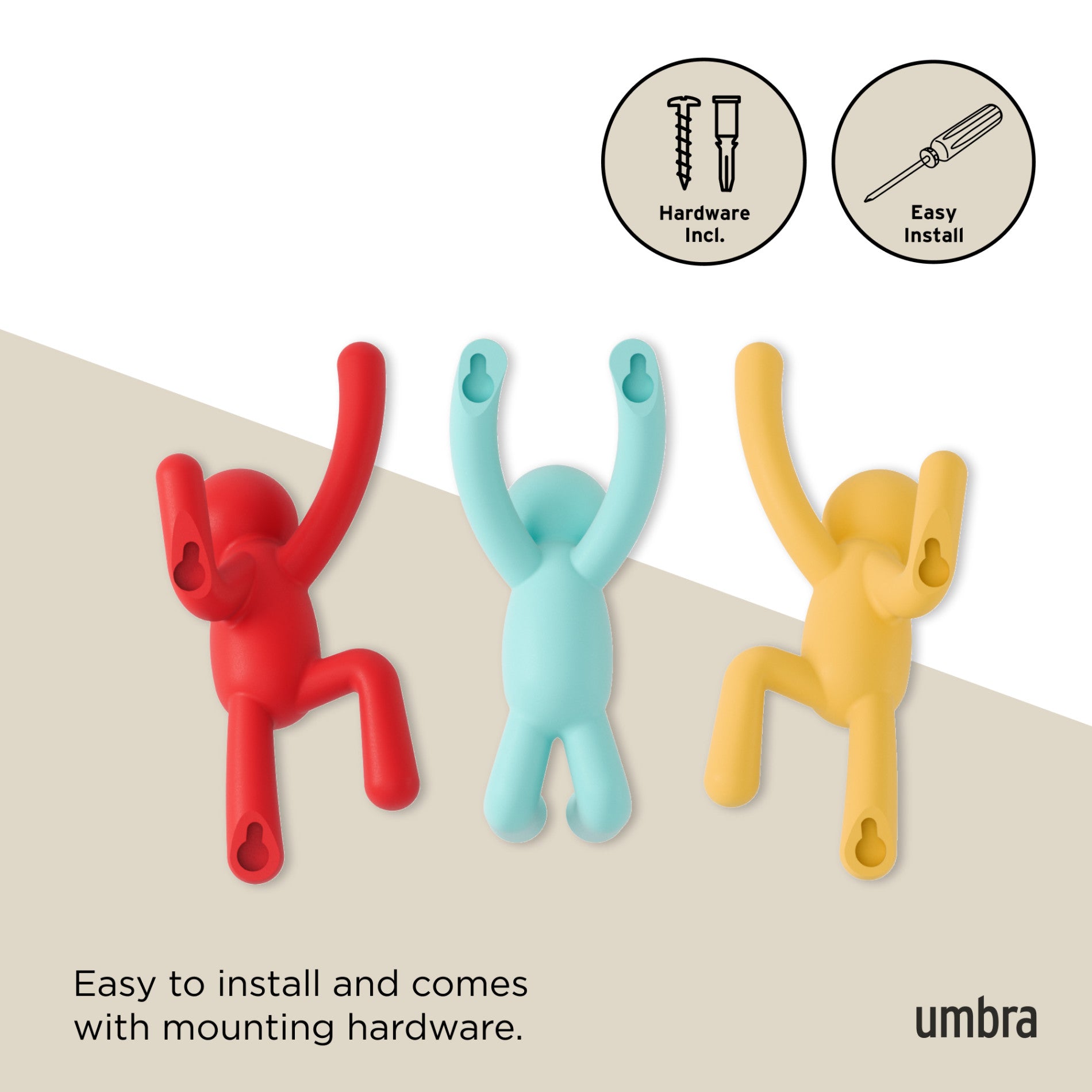 Buddy Wall Hooks Set of 3 - Heavy Duty Adhesive Hooks for Hanging Coats, Hats & Keys - Perfect for Home, Office & Dorm Organization