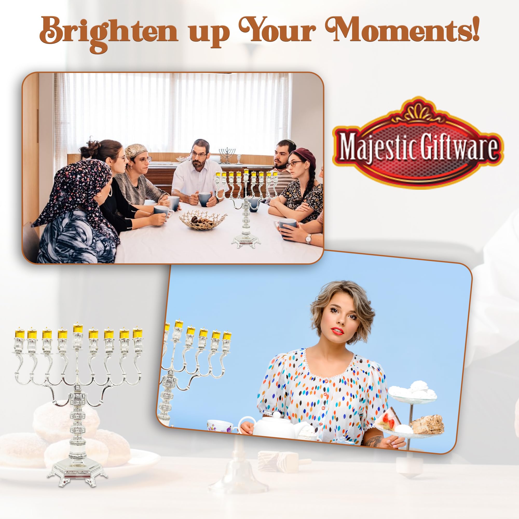 Majestic Silver-Plated Hanukkah Menorah (MN-HA19899BM) - 13.5” Height | Fits Standard Oil Cups & Large Candles | Durable & Long-Lasting | Elegant Jewish Holiday Decoration for Home, Synagogue, or Gift Giving