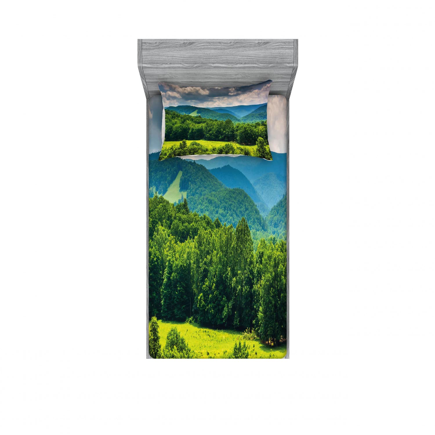 Ambesonne 2-Pack Twin XL Fitted Sheet & Pillow Sham Set - Mountain Landscape Design, 4-Piece Bedding Decor in Forest Green | Perfect for Dorm Rooms, Guest Beds & Cabin Retreats