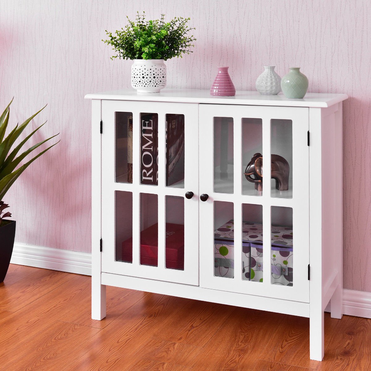 Tangkula White Sideboard Buffet Cabinet with 2 Glass Doors - Kitchen Dining Room Storage Cabinet, Liquor Curio Display, Cupboard Console Table for Home, Office & Restaurant Use