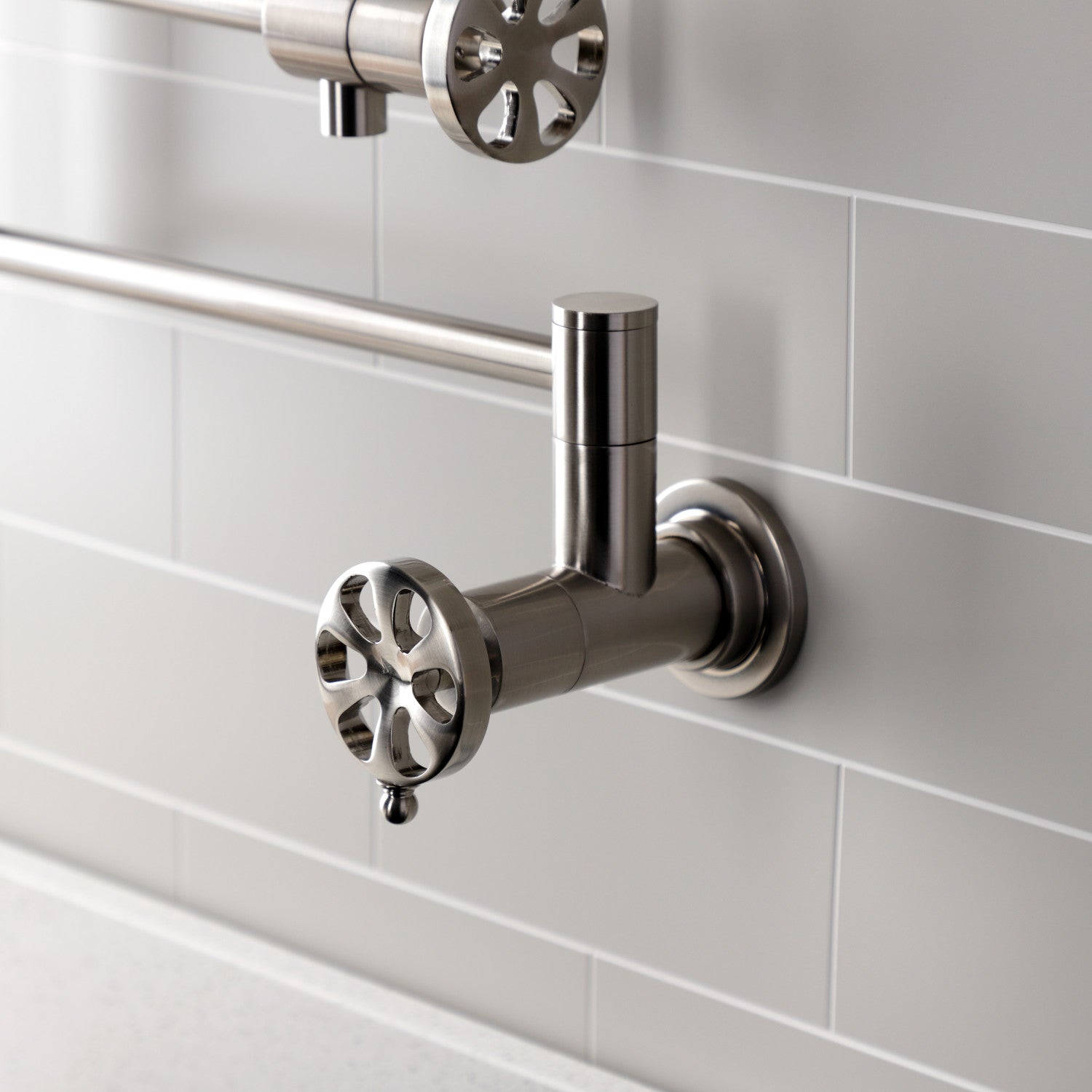 Belknap KS4108RX Brushed Nickel Two Handle Wall Mount Pot Filler Faucet - Perfect for Kitchen Sink, Stove & Cooking Area