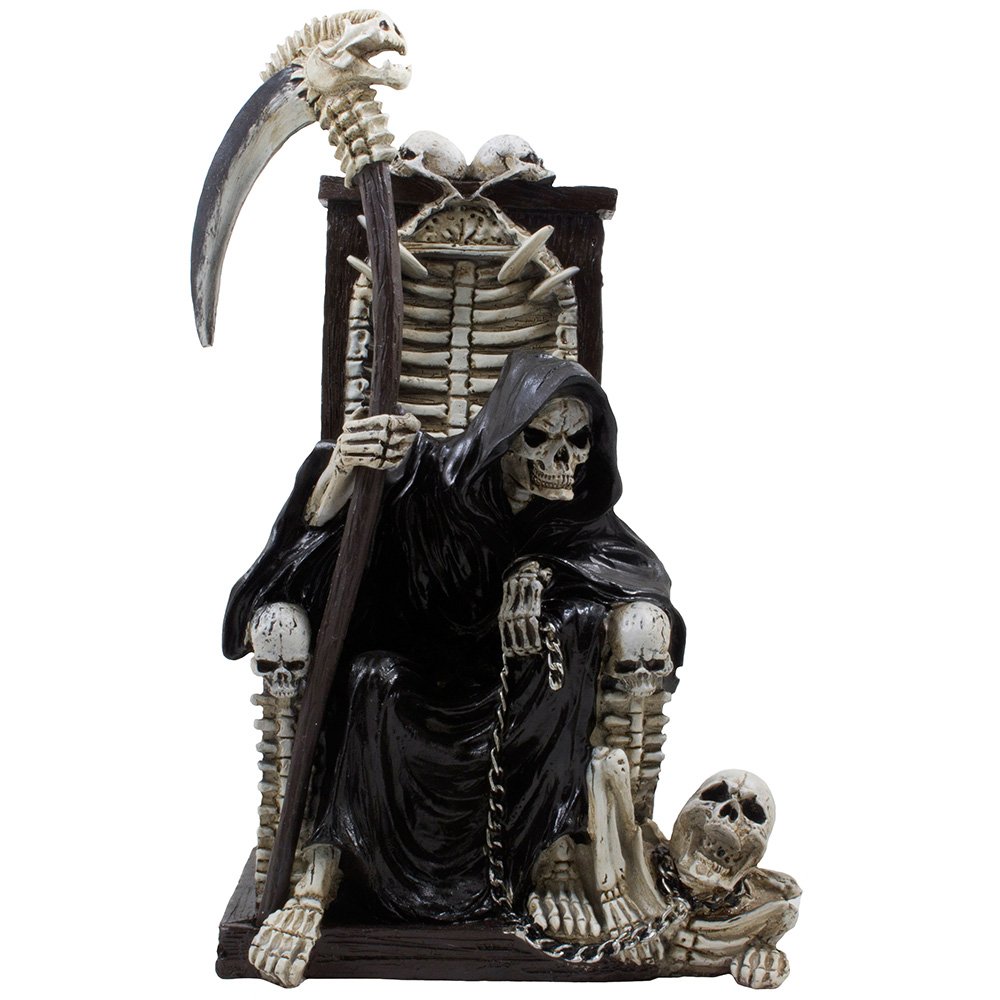 Spooky Grim Reaper Statue on Bone Throne - Halloween & Gothic Decor for Horror Movie Scenes