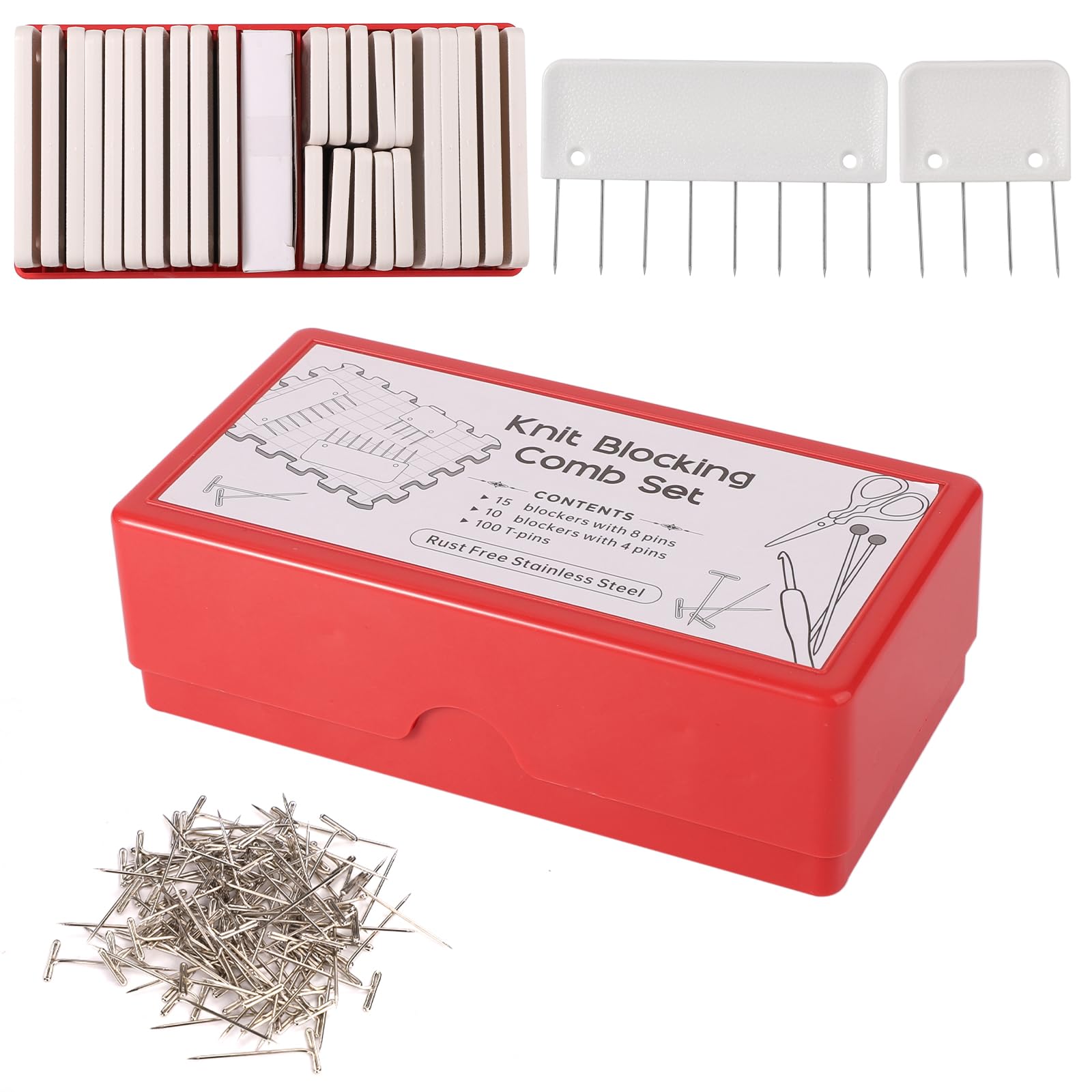 125pcs Knit Blocking Pins Kit with 25pcs Combs & 100pcs T Pins - Professional Knitting Blocking Tools for Crochet, Lacework, Needlework - Perfect for Shawls, Sweaters & DIY Fiber Arts Projects