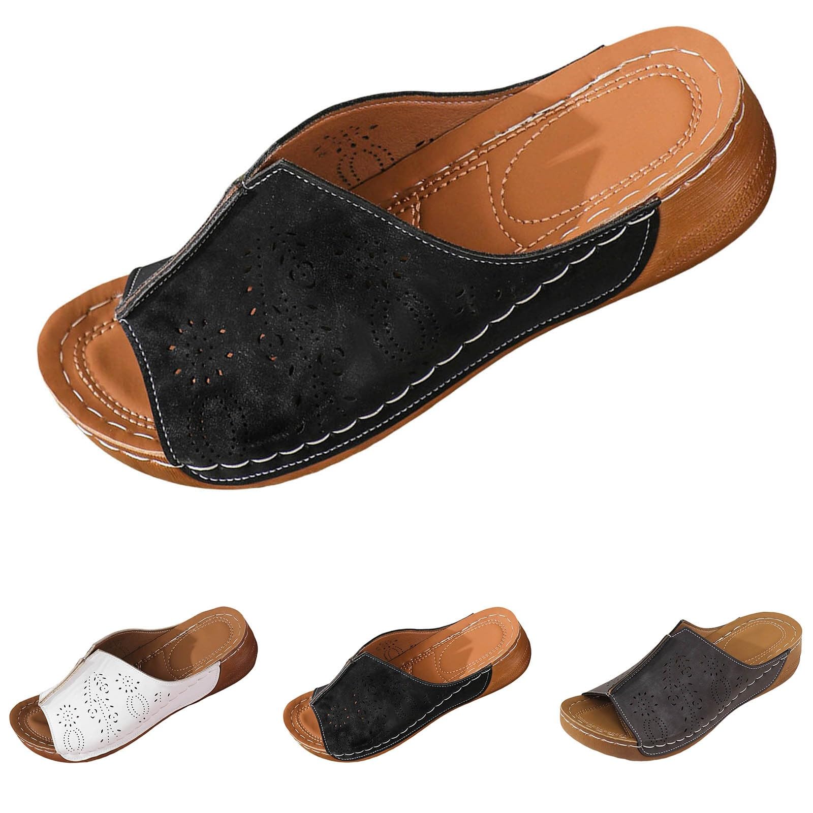 Women's Comfortable Faux Leather Wedge Sandals - Open Toe Platform Summer Sandals for Walking, Beach & Casual Wear | Slip-On Design with Cushioned Footbed for All-Day Comfort