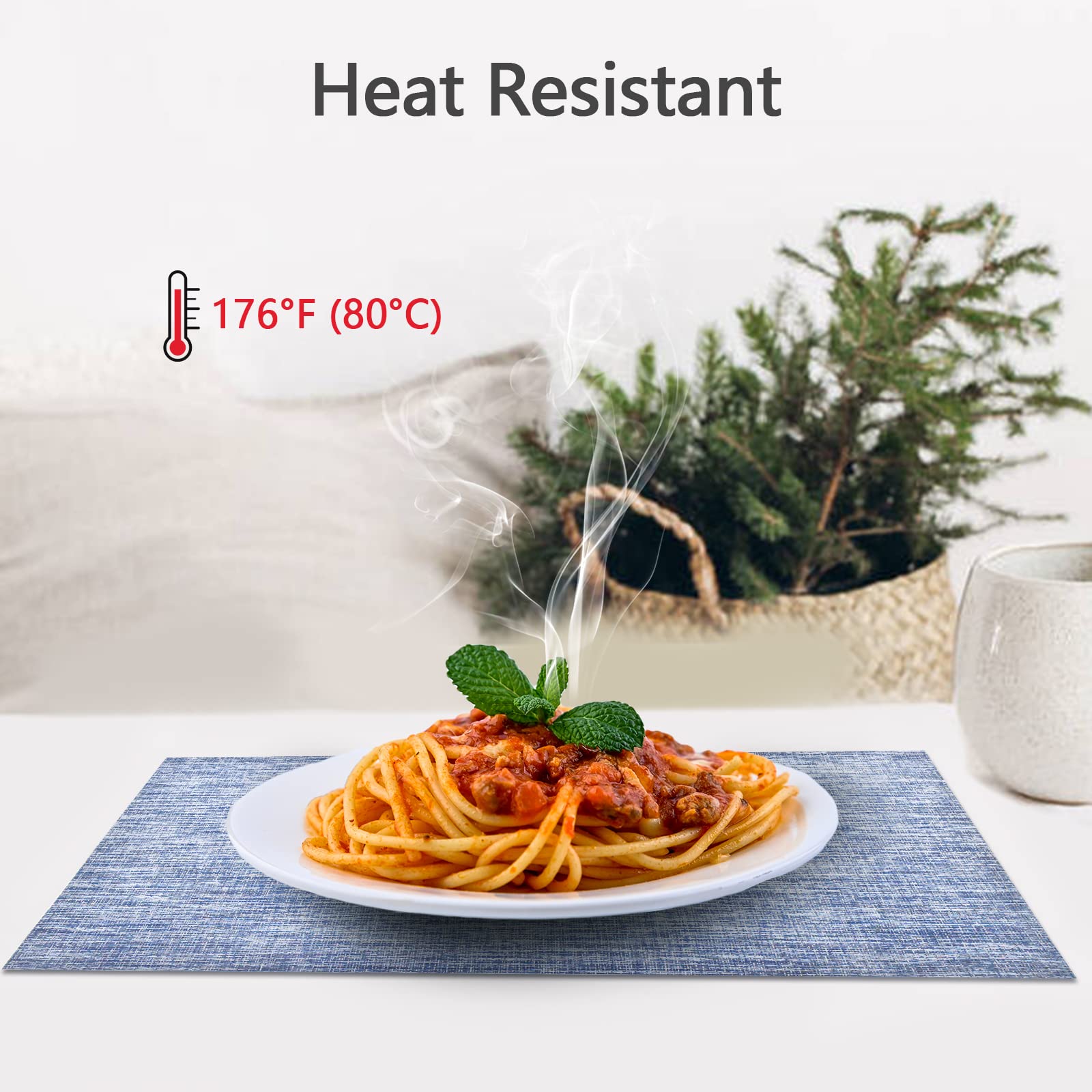 6-Pack Woven Vinyl Placemats for Dining Table - Waterproof & Washable Indoor/Outdoor Placemat Set (Blue) - Perfect for Kitchen, Patio, Picnic & Party Use