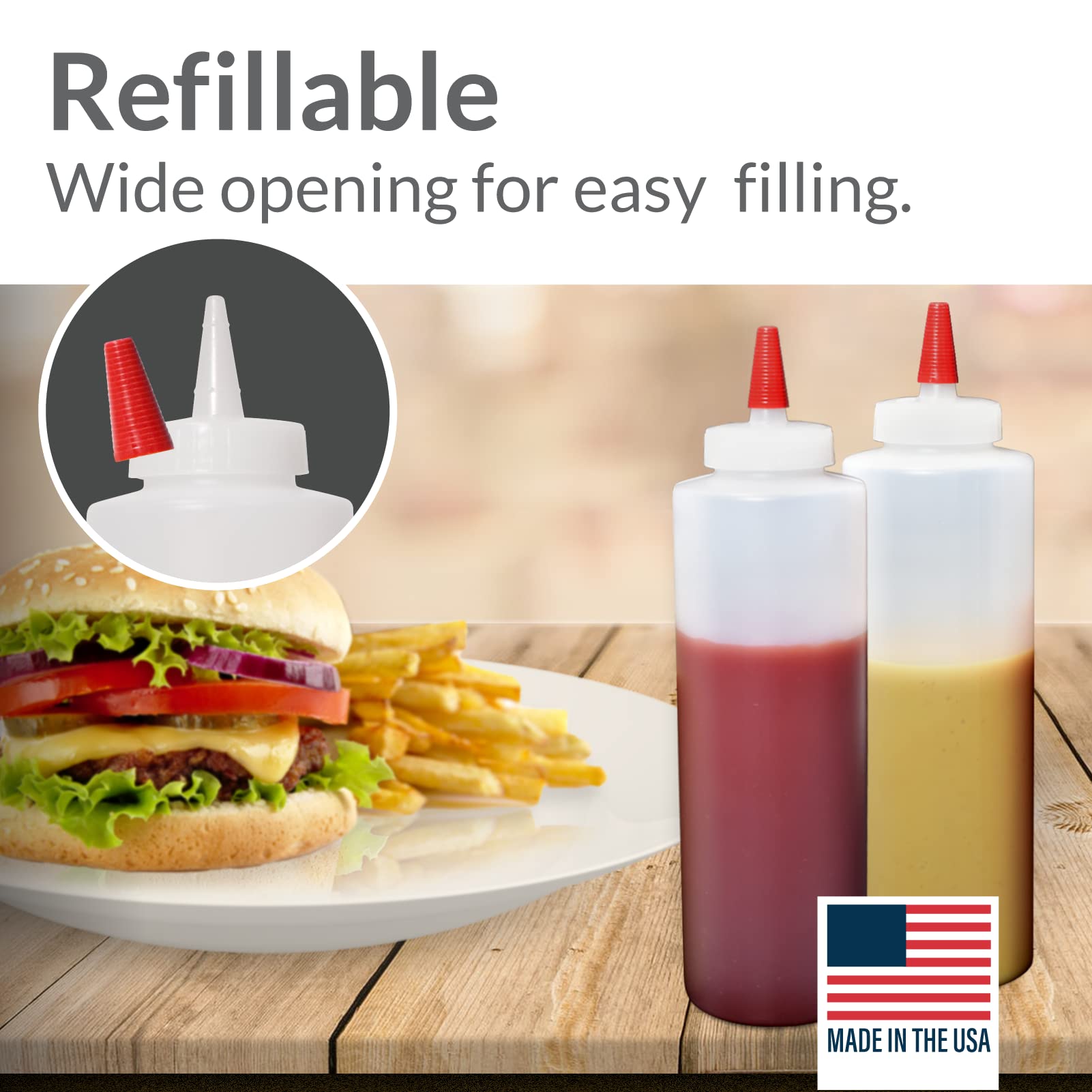 Pinnacle Mercantile 16oz Plastic Squeeze Condiment Bottles with Red Tip Cap - Set of 60 Wide Mouth Containers for Ketchup, Mustard & Sauces - Perfect for Restaurants, Catering & Home Kitchens