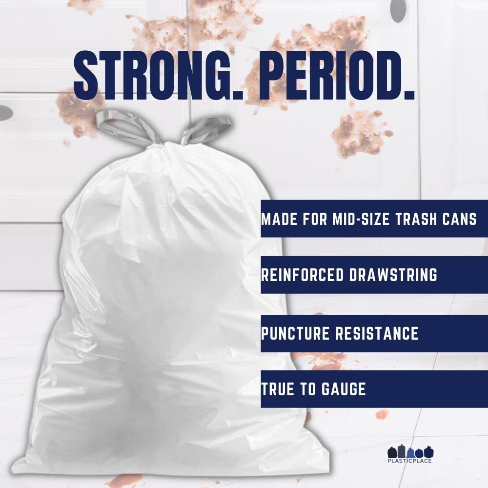 Plasticplace 8 Gallon Trash Bags - 100 Count White Drawstring Garbage Bags, 0.7 Mil Thick Durable Trash Can Liners, 22