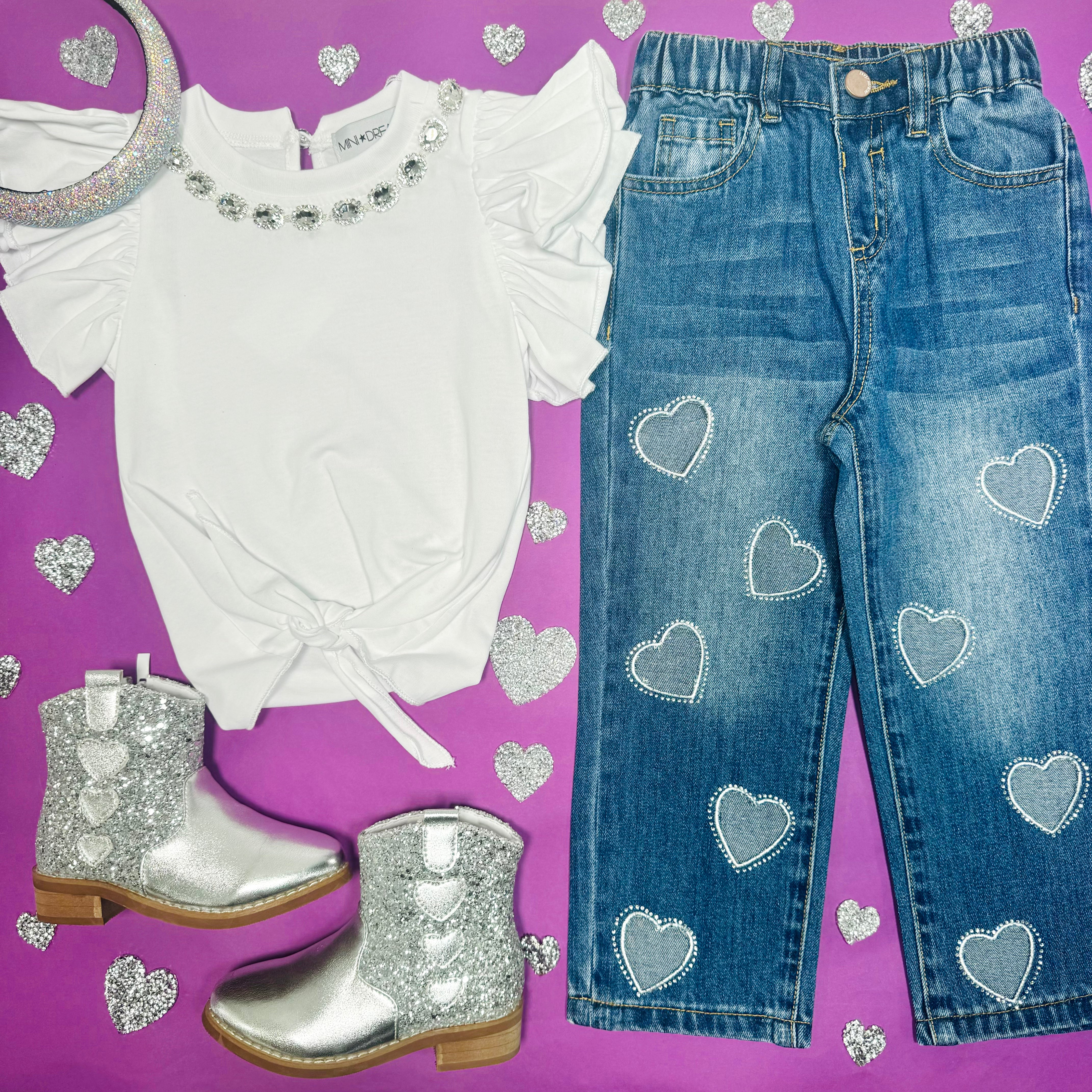Amelia Crystal Hearts Denim Pants for Women - Stylish Embellished Jeans with Rhinestone Decorations - Perfect for Casual Outings, Parties & Date Nights