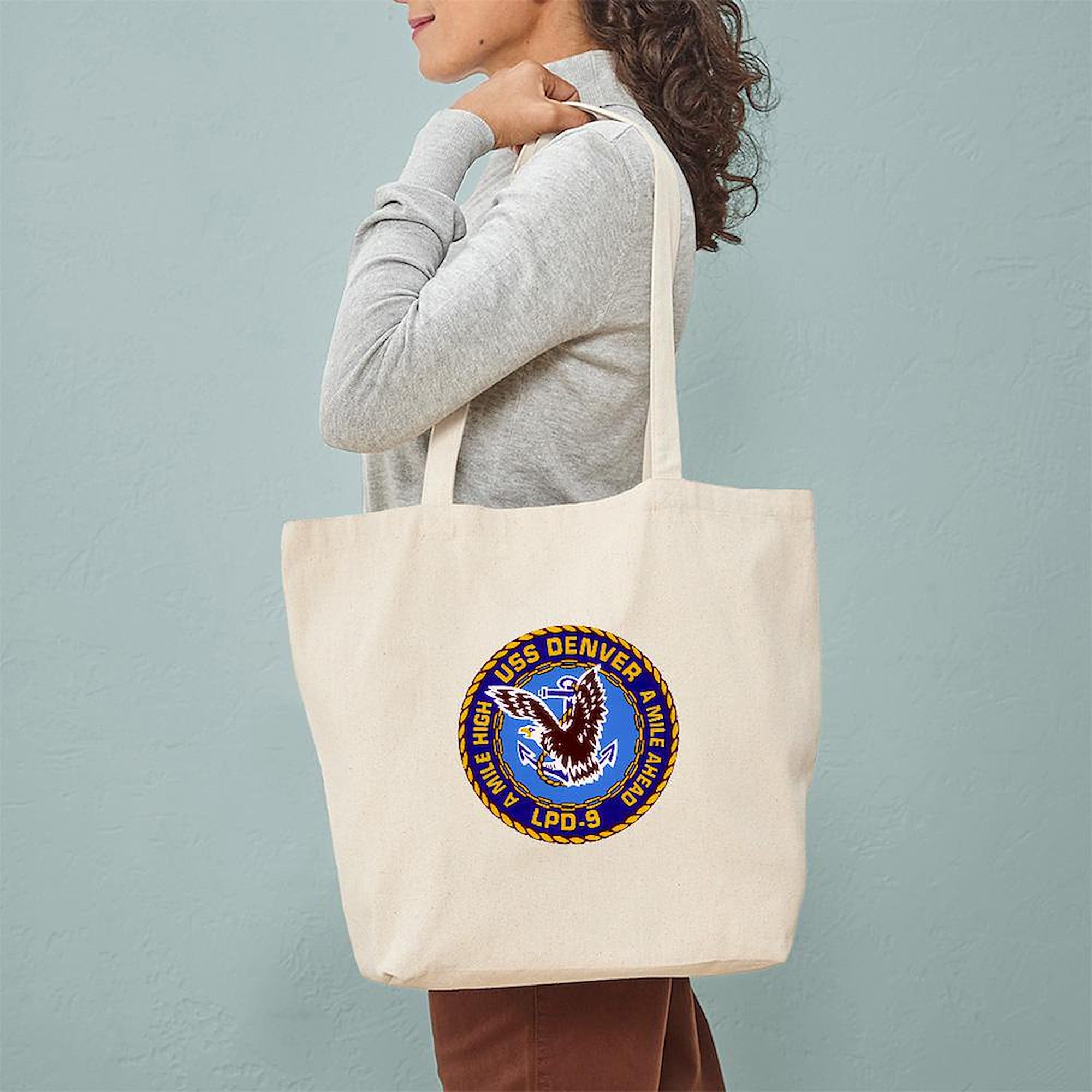 USS Denver LPD 9 Navy Tote Bag - Natural Canvas Reusable Grocery Shopping Bag - Military Gift for Navy Veterans & Supporters - Perfect for Commuting, Beach Trips & Farmers Market