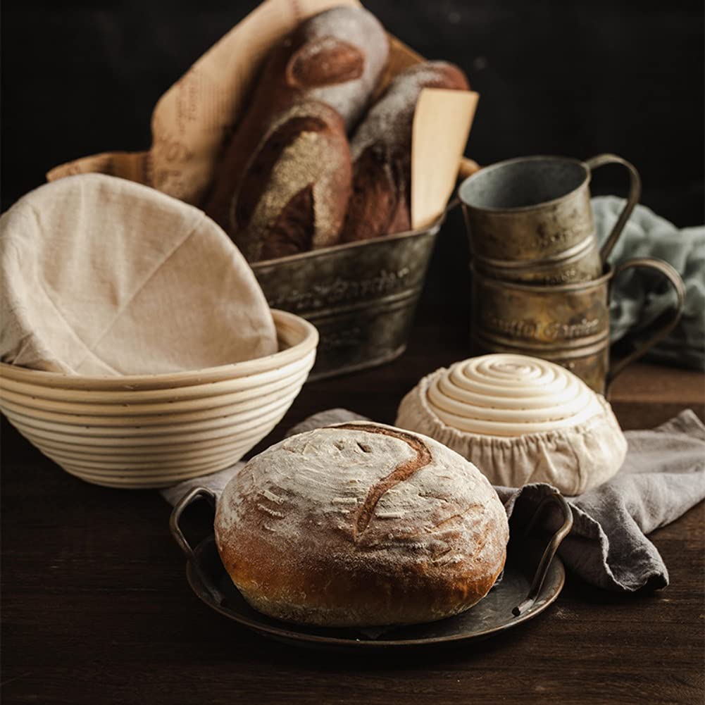 Professional Round Bread Proofing Basket Kit - Natural Rattan Dough Banneton with Linen Liner - Perfect for Sourdough, Artisan Bread Baking - Ideal for Home Bakers & Professionals (USA Shipped) - Great for Kitchen, Bakery, Bread Making Classes & Gift Giving