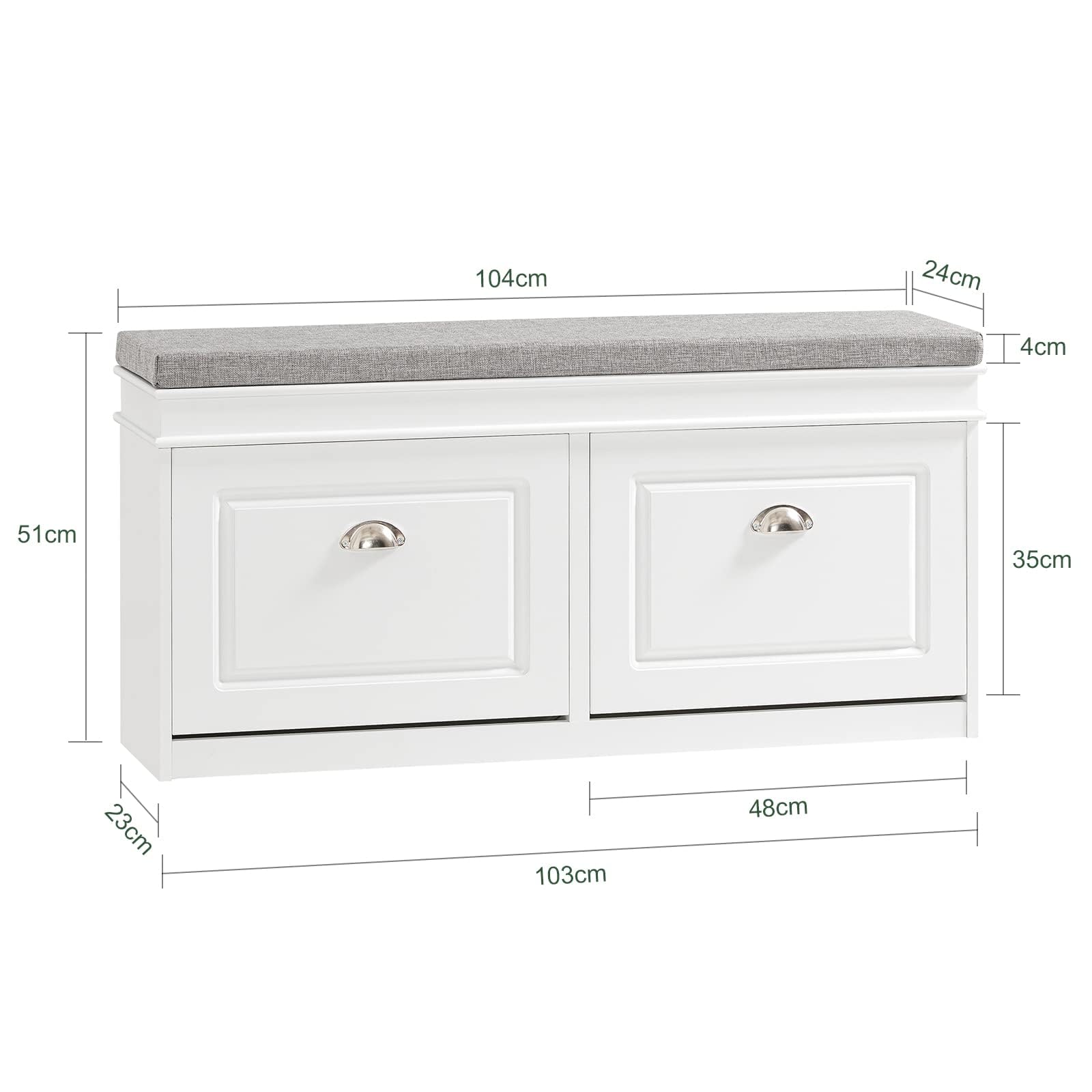 Modern White Shoe Storage Bench with 2 Flip Drawers & Cushion - Entryway Shoe Cabinet Organizer for Hallway, Living Room & Bedroom - FSR64-W