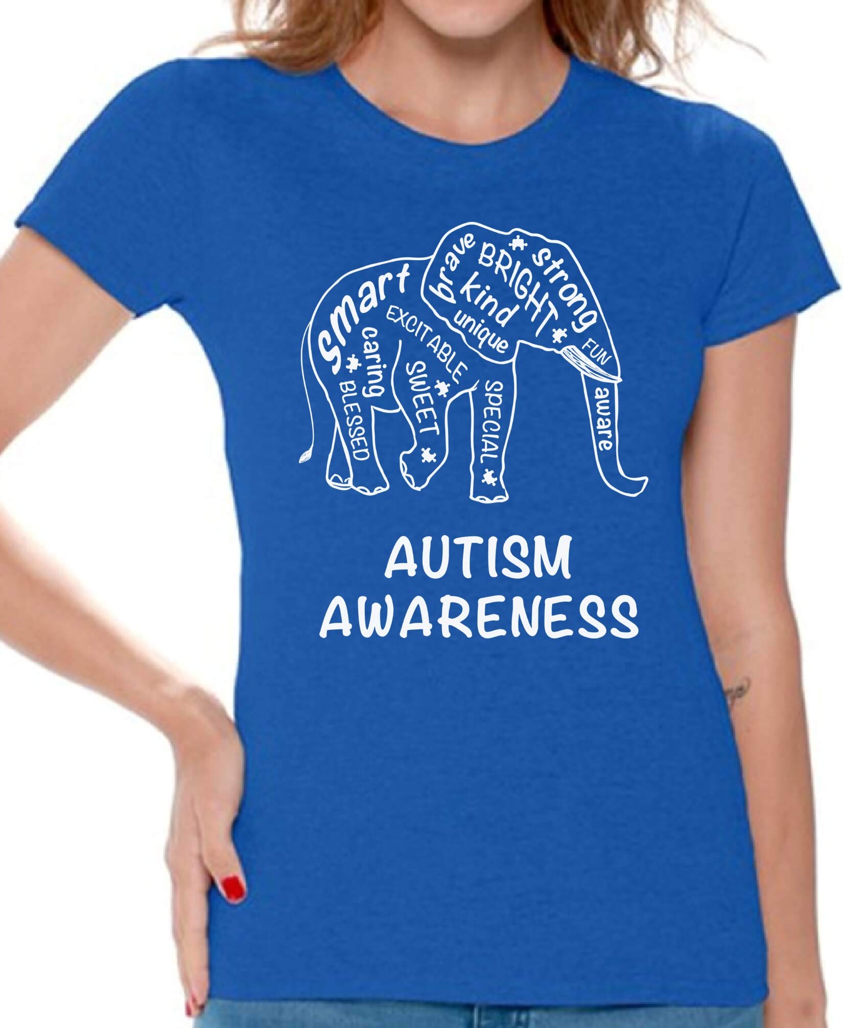 Autism Awareness T-Shirts for Women - Cute Elephant Design - Strong & Brave Shirt for Autism Support - Comfortable Cotton Tee for Daily Wear & Special Events