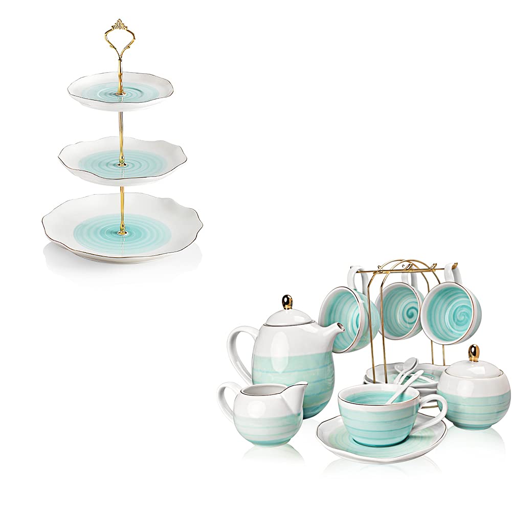 SWEEJAR Elegant Porcelain Tea Set with Hand-Painted Floral Design & 3-Tier Ceramic Cake Stand - Perfect for Afternoon Tea, Bridal Showers, and Elegant Home Decor