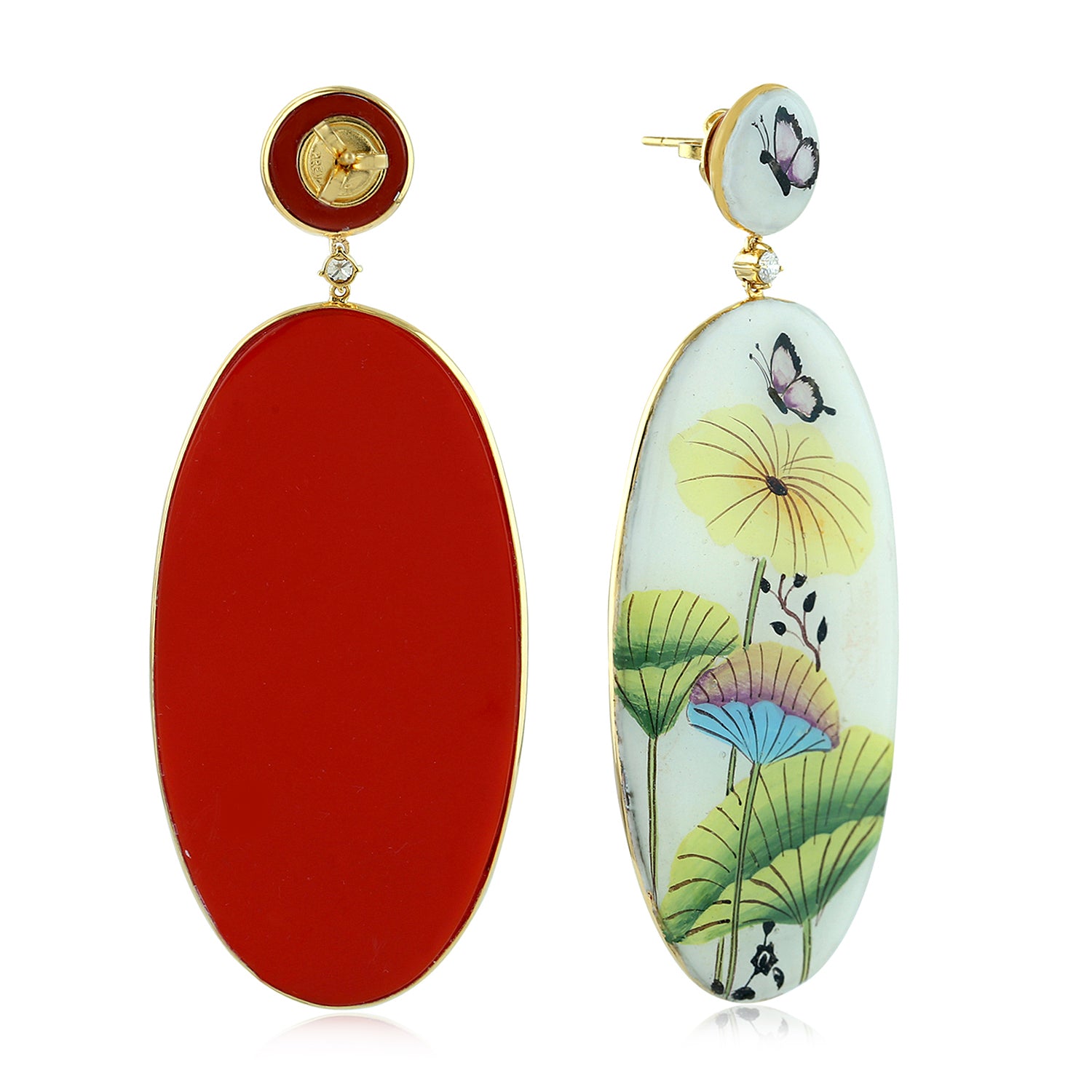 18K Yellow Gold Butterfly Picture Bakelite Prong Diamond Enamel Dangle Earrings - Elegant Vintage Jewelry for Women, Perfect for Weddings, Parties & Special Occasions
