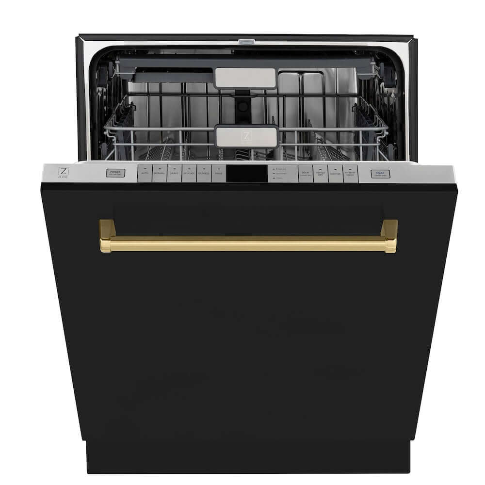 ZLINE Autograph Edition 24 Inch Black Matte Dishwasher with Polished Gold Handle - 45dBa Ultra Quiet, 3rd Rack Tall Tub Design for Large Families | Modern Kitchen Appliance for Spacious Homes & Open Concept Living Spaces