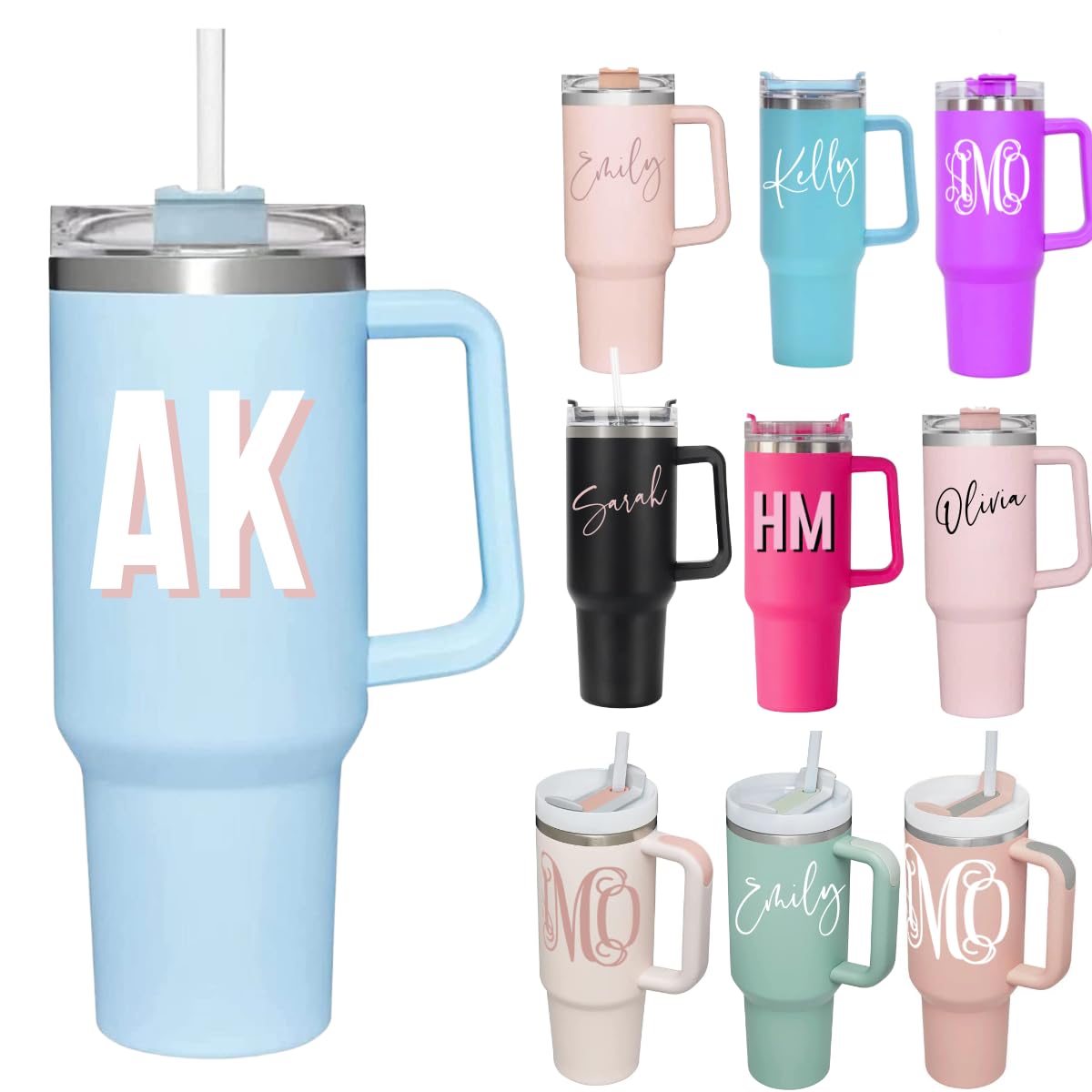 40oz Personalized Tumbler with Handle & Straw - Custom Insulated Stainless Steel Cup for Women - Beach, Office, Gym & Travel Drinkware - Engraved Denim Design Gift Idea