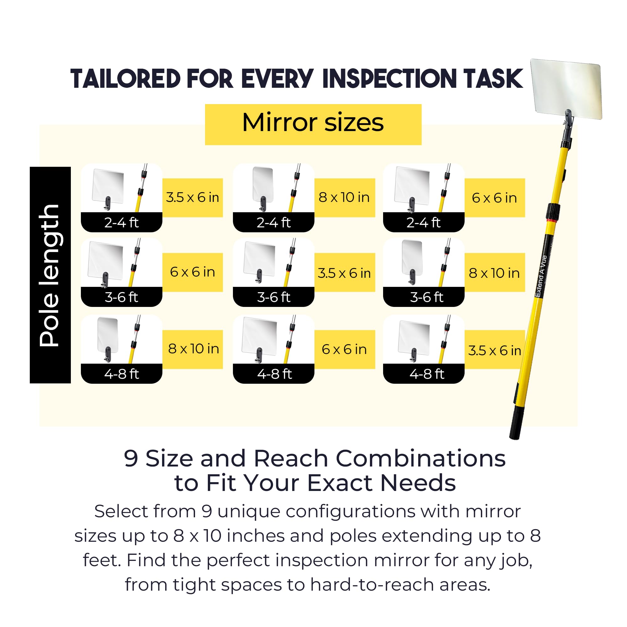 Telescoping Inspection Mirror with 4 ft to 8 ft Fiberglass Pole - 3.5 x 6 Inch Acrylic Mirror, Lightweight & Durable for Automotive, HVAC & Home Maintenance