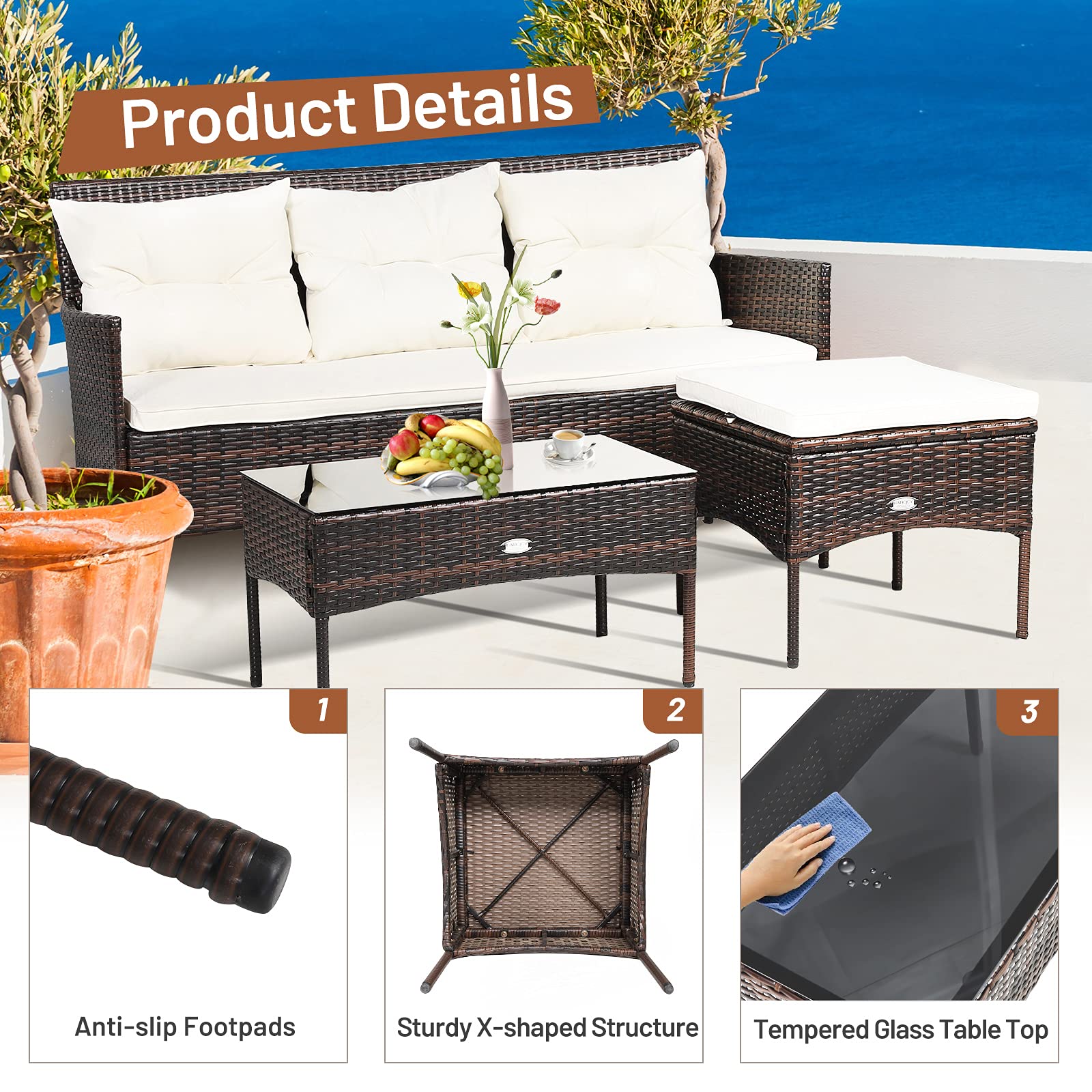 RELAX4LIFE 3-Piece Outdoor Patio Furniture Set with Rattan Wicker Sectional Sofa, 5 Comfortable Cushions & Tempered Glass Coffee Table - Perfect for Poolside, Garden, Balcony or Backyard (Beige & Brown)