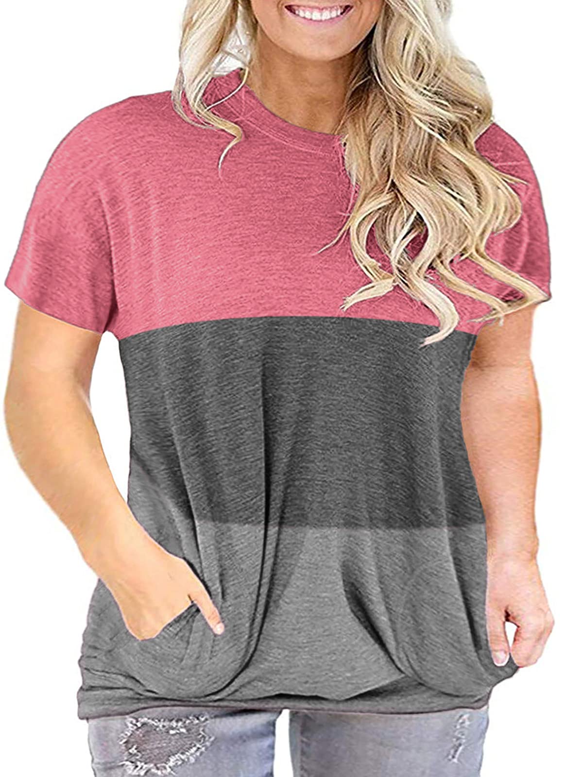 LANREMON Women's Plus Size Casual Short Sleeve Tunic Top with Pockets - Comfortable Round Neck Shirt for Work, Travel & Everyday Wear