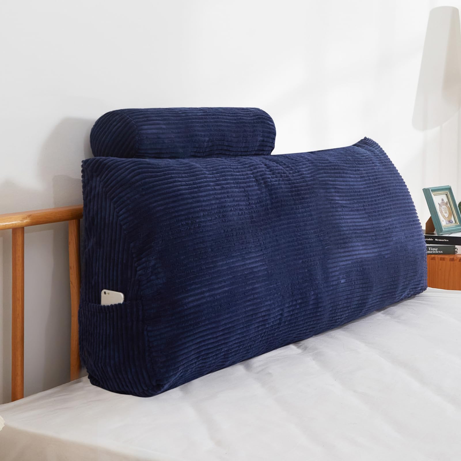 MAXYOYO Wedge Headboard Pillow with Cylindrical Neck Support Pillow & Removable Washable Cover - Blue | Bed Backrest for Reading, Watching TV & Relaxing in Bed
