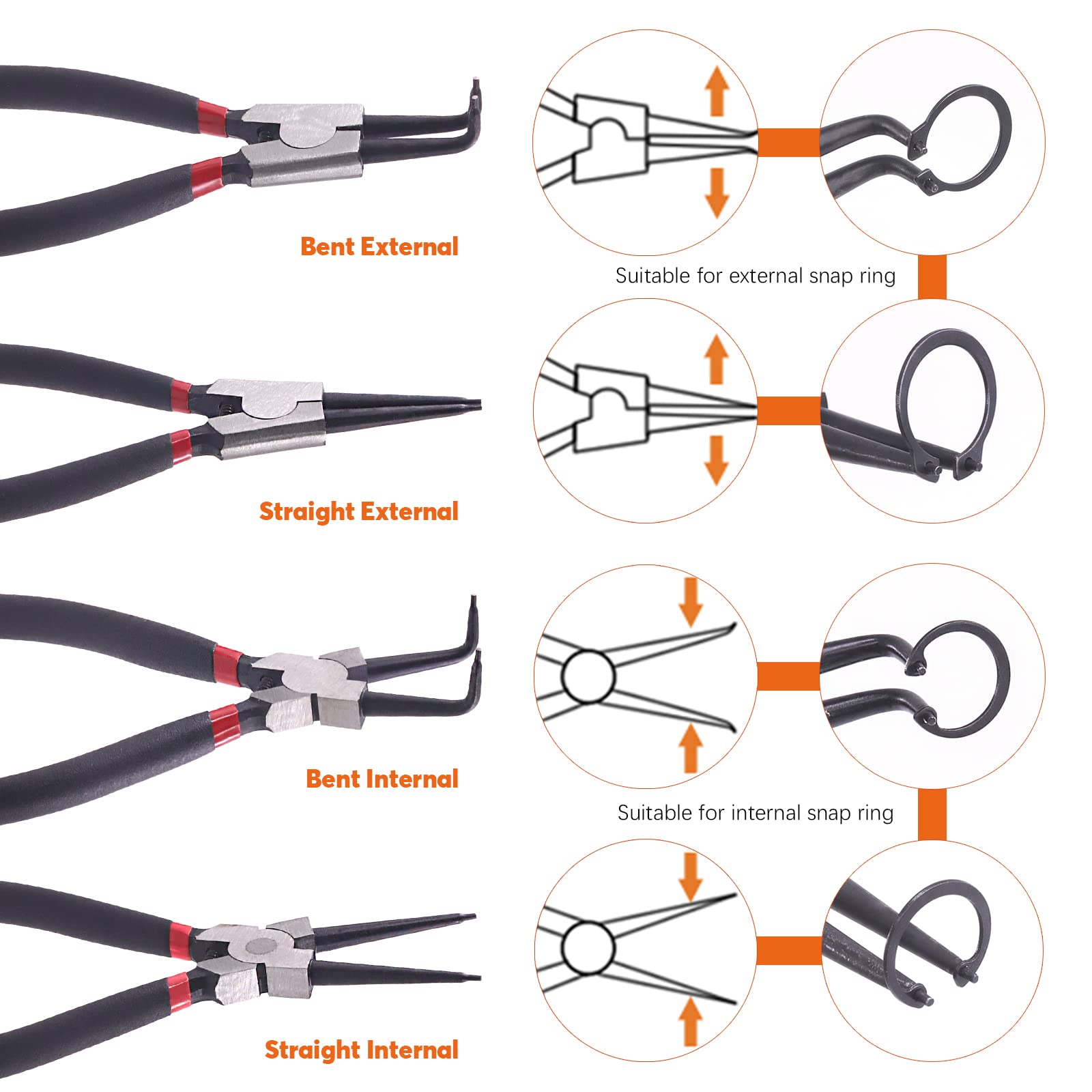 8Pcs Heavy Duty Snap Ring Pliers Set - 7 Inch Internal & External Circlip Pliers with Straight/Bent Jaws for Automotive, Machinery & DIY Repairs - Ideal for Retaining Ring Removal and Maintenance Tasks