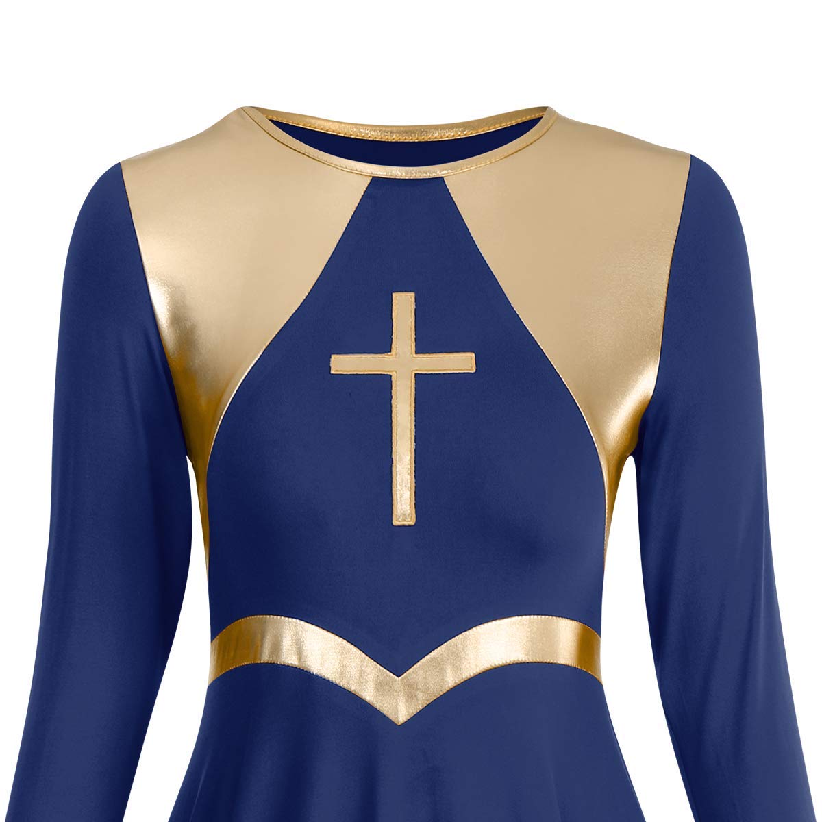 Metallic Cross Praise Dance Dresses for Women - Liturgical Worship Long Sleeve Flowy Dress - Perfect for Church Performances, Gospel Choir & Worship Events
