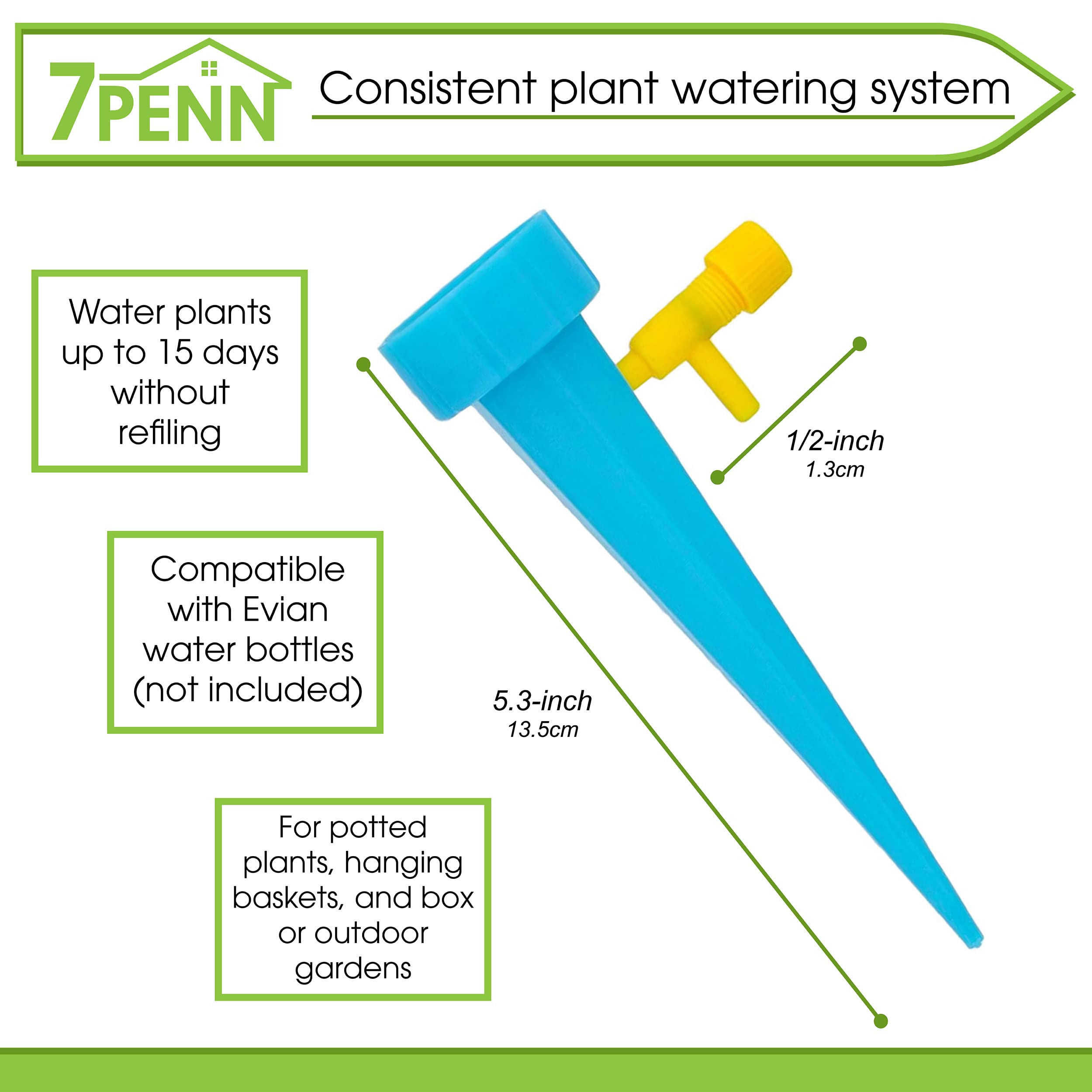 7Penn Automatic Plant Waterer Stakes - 12 Pack Adjustable Self Watering Sticks with Dropper for Evian Water Bottles | Perfect for Indoor Plants, Vacation Care & Garden Irrigation