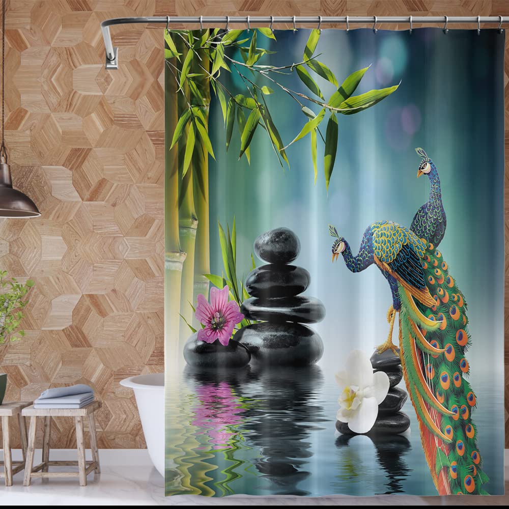 Blue Peacock Fabric Shower Curtain with Black Massage Stones & Green Bamboo Leaf Design - 60x70 Inch Bathroom Decor for Spa-Like Experience | Perfect for Couples' Retreat & Relaxing Bath Time