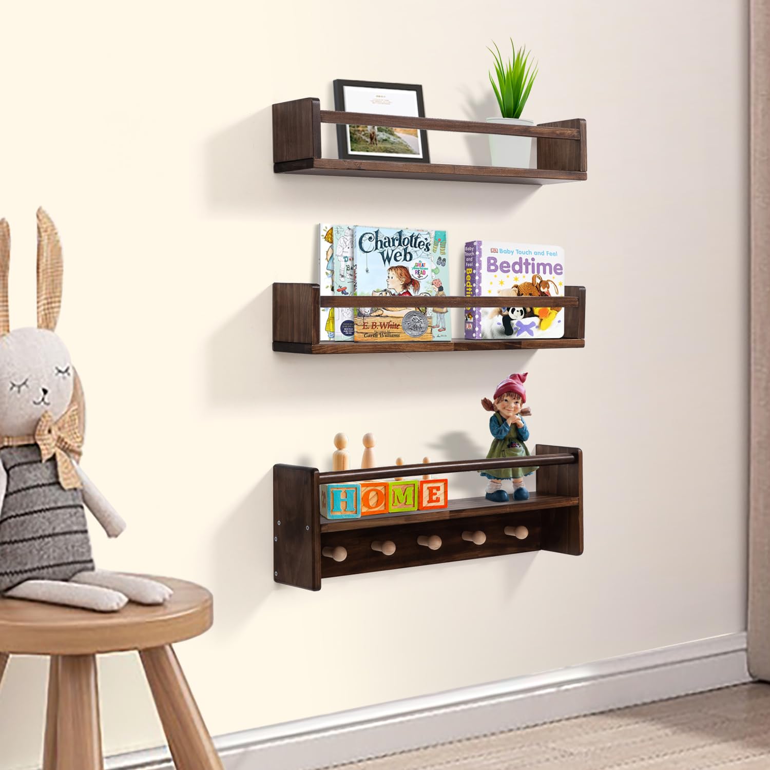 AZSKY 16 Inch Floating Bookshelf Set of 3 - Deep Walnut Wall Mounted Nursery Book Storage with Hooks for Kids Room, Bedroom, Bathroom, Living Room & Kitchen - Perfect for Organizing Children's Books, Toys & Decor