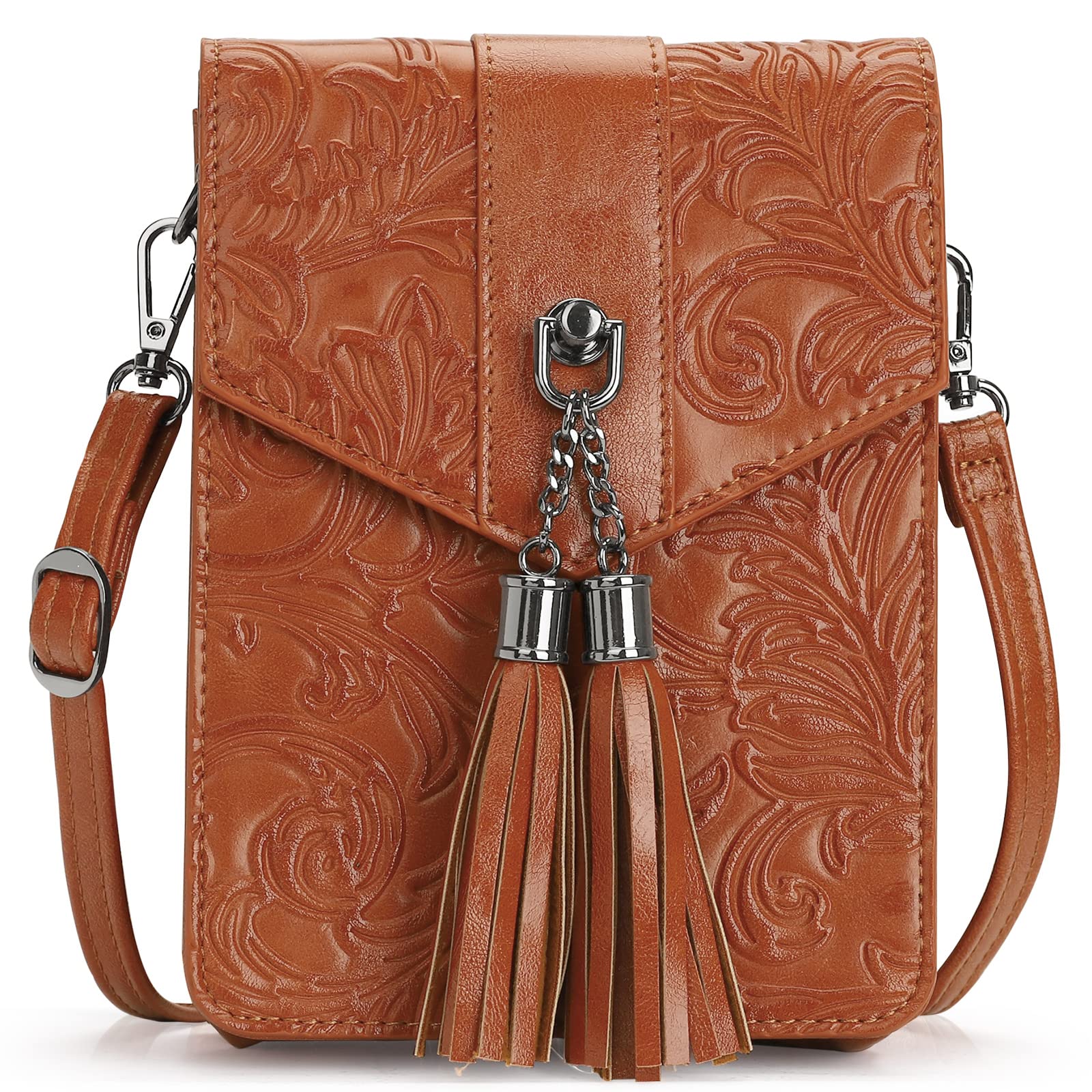 MEITRUE Women's Small Crossbody Phone Purse Bag - Mini Cell Phone Wallet with Tassels & Embossed Design for Girls & Ladies | Perfect for Parties, Shopping & Everyday Use
