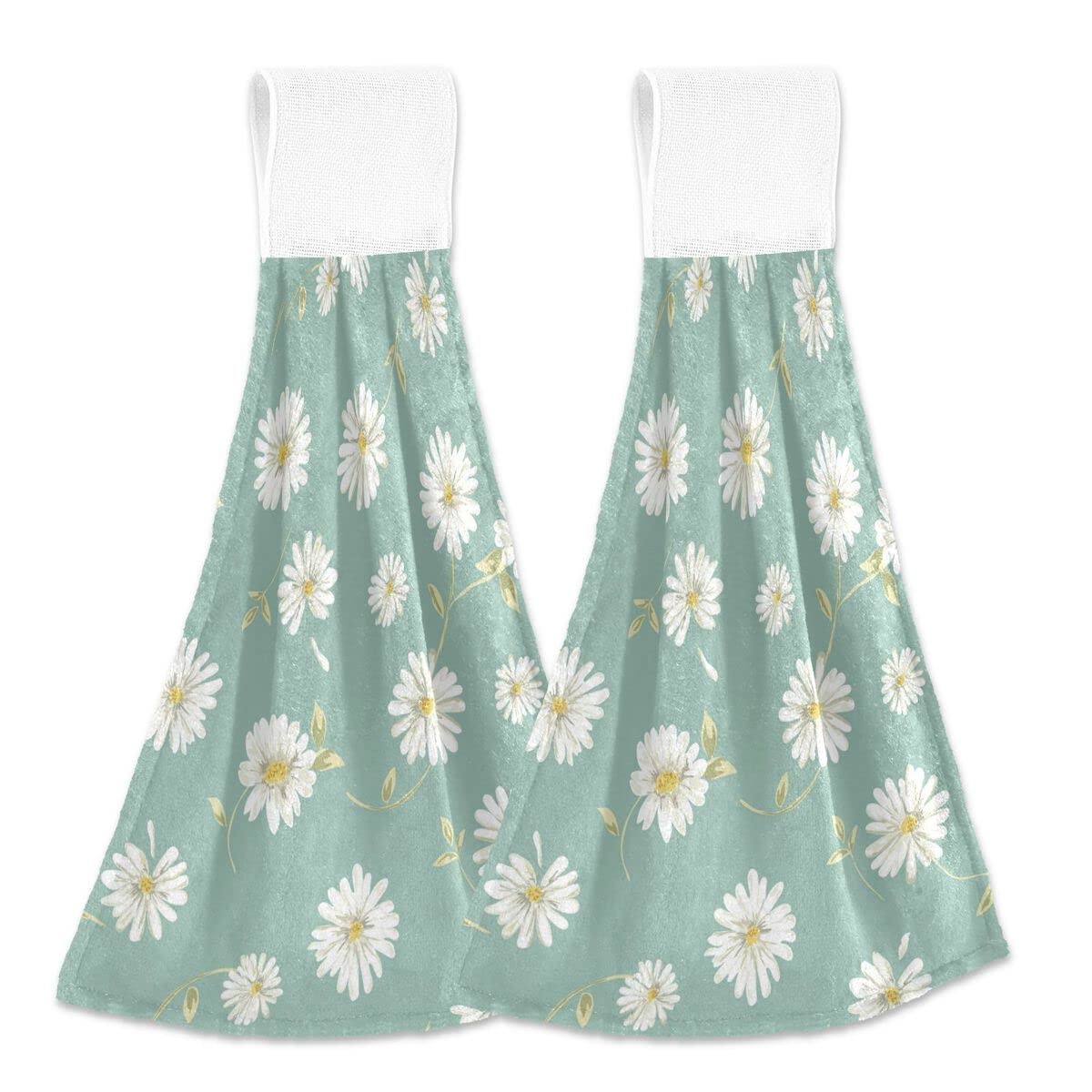 2-Pack Daisy Floral Hanging Kitchen Towels - White Flower Tie Hand Towels for Tea Bar, Bathroom, Tabletop & Home Gym Decor | Soft Absorbent Cotton Towels for Kitchen, Dining & Bathroom Use