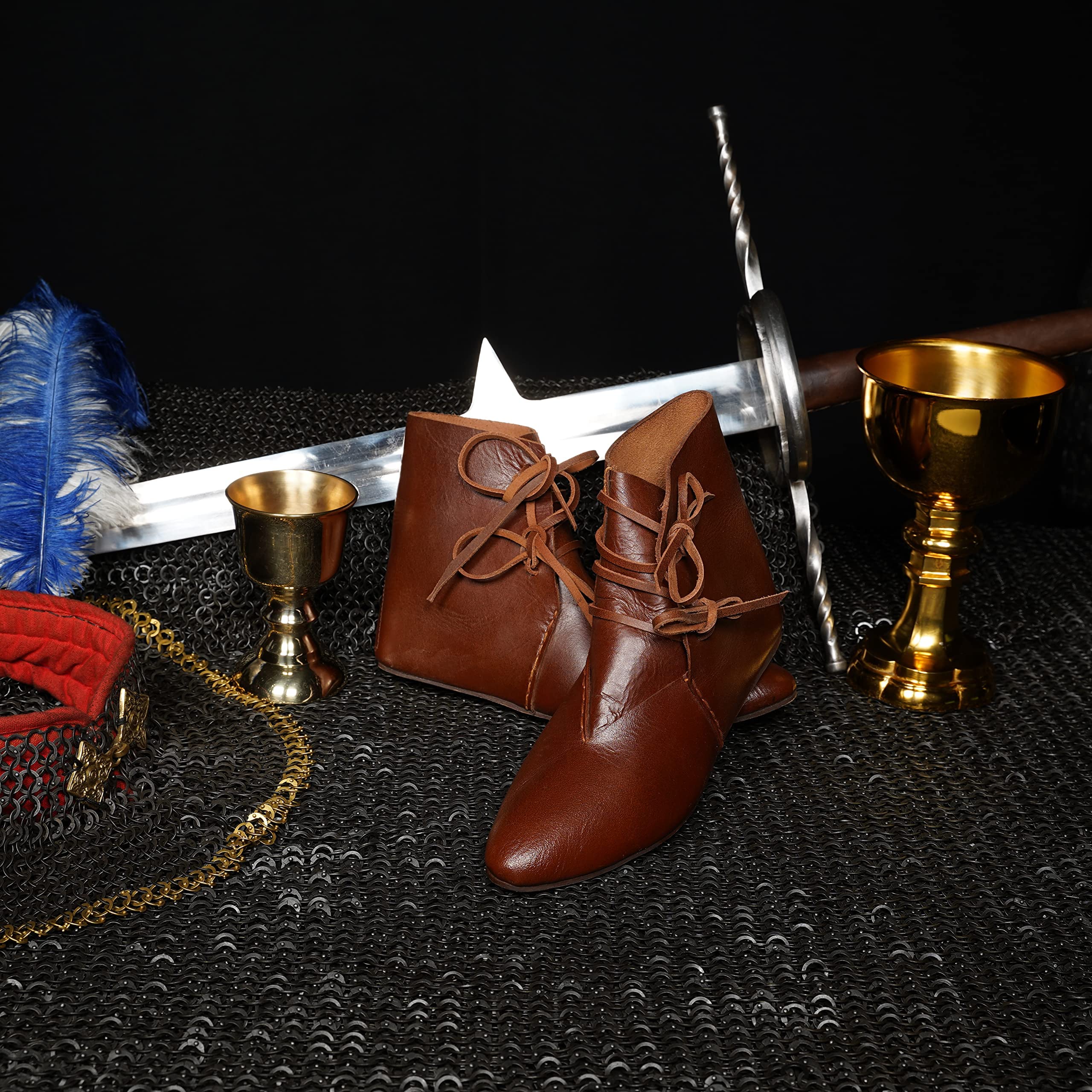 Authentic 12th-15th Century Medieval Leather Shoes for SCA, LARP, Renaissance Fairs - Handcrafted Full Grain Brown Leather Footwear - Perfect for Historical Reenactments, Cosplay & Medieval Themed Events